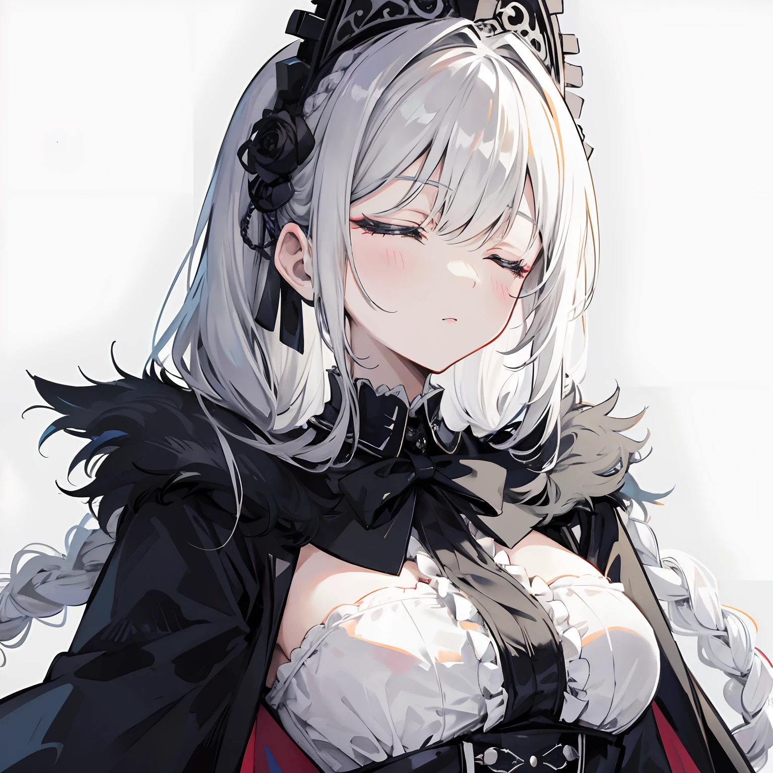 anime girl,slim,wearing royal uniform,a regal fur cape,black and white motif,wearing a victorian mask,closed eyes, silver hair, braided