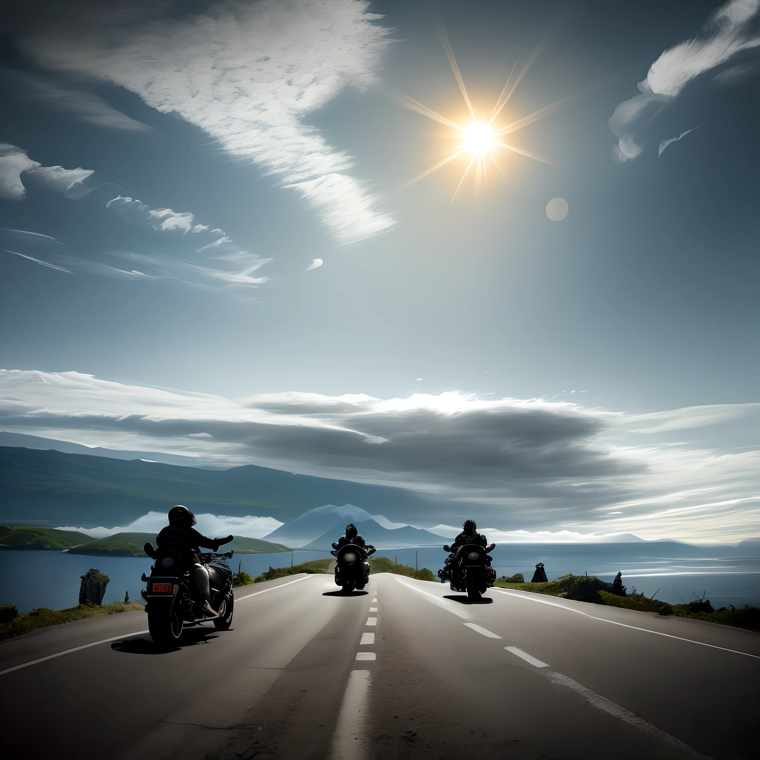 motorcyclists seen from behind going up a winding road over the sea towards a huge bright sun between the mountains, with their motorcycles, with beautiful mountains in the background, sky with few clouds.