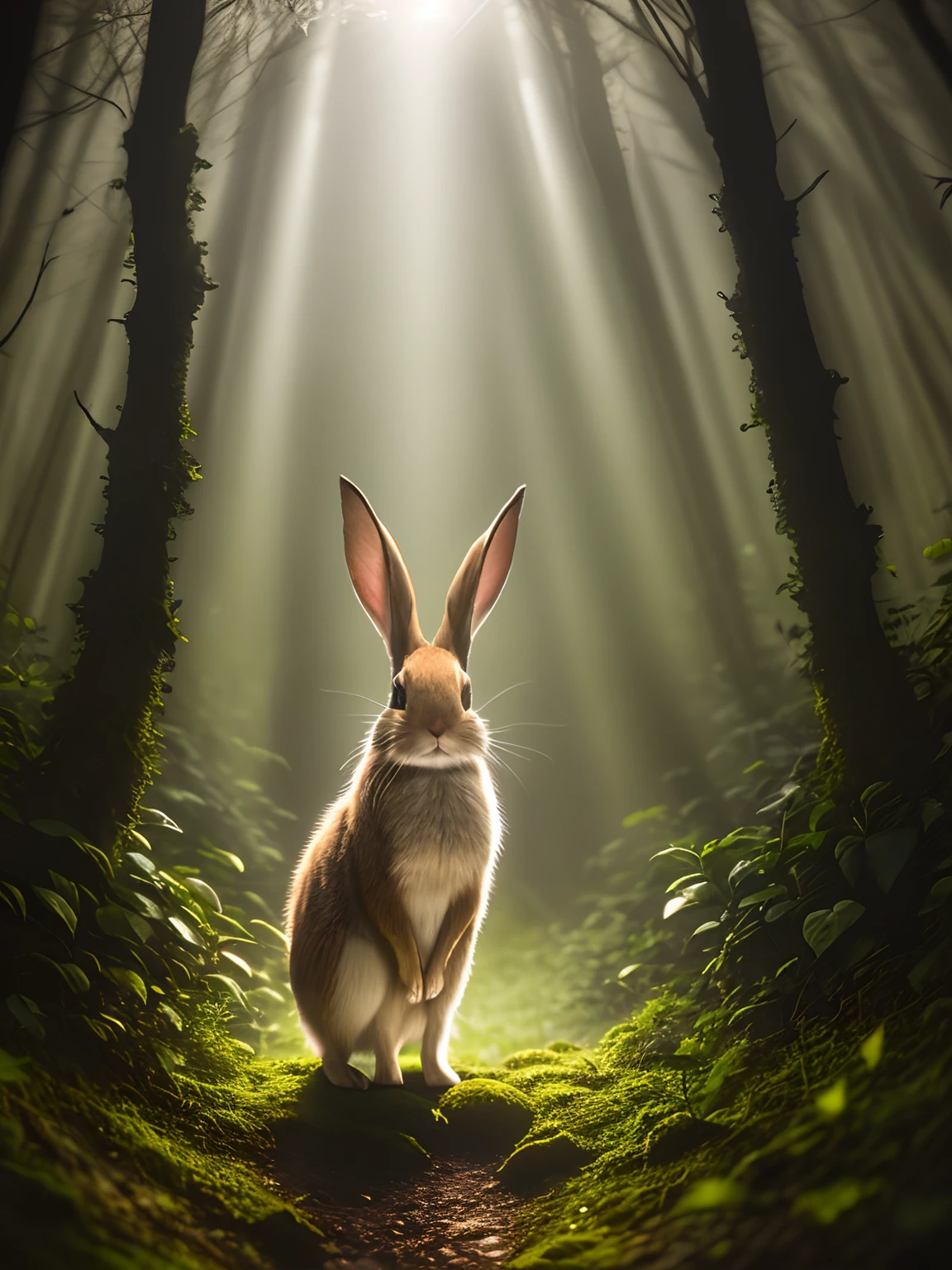 Close up photo of a rabbit in enchanted forest, late night, in the forest, backlight, fireflies, volumetric fog, halo, bloom, dramatic atmosphere, center, rule of thirds, 200mm 1.4f macro shot