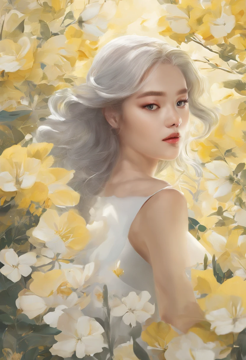 Blooming flowers flutter in the wind,Girl in flowers,Light yellow and silver design,Pay attention to the texture of the skin and flowers,Sony FE 12-24mm F/2.8 gm,Impressionist garden,Proficient in calligraphy,eco-friendly craftsmanship,Brush stroke exploration
