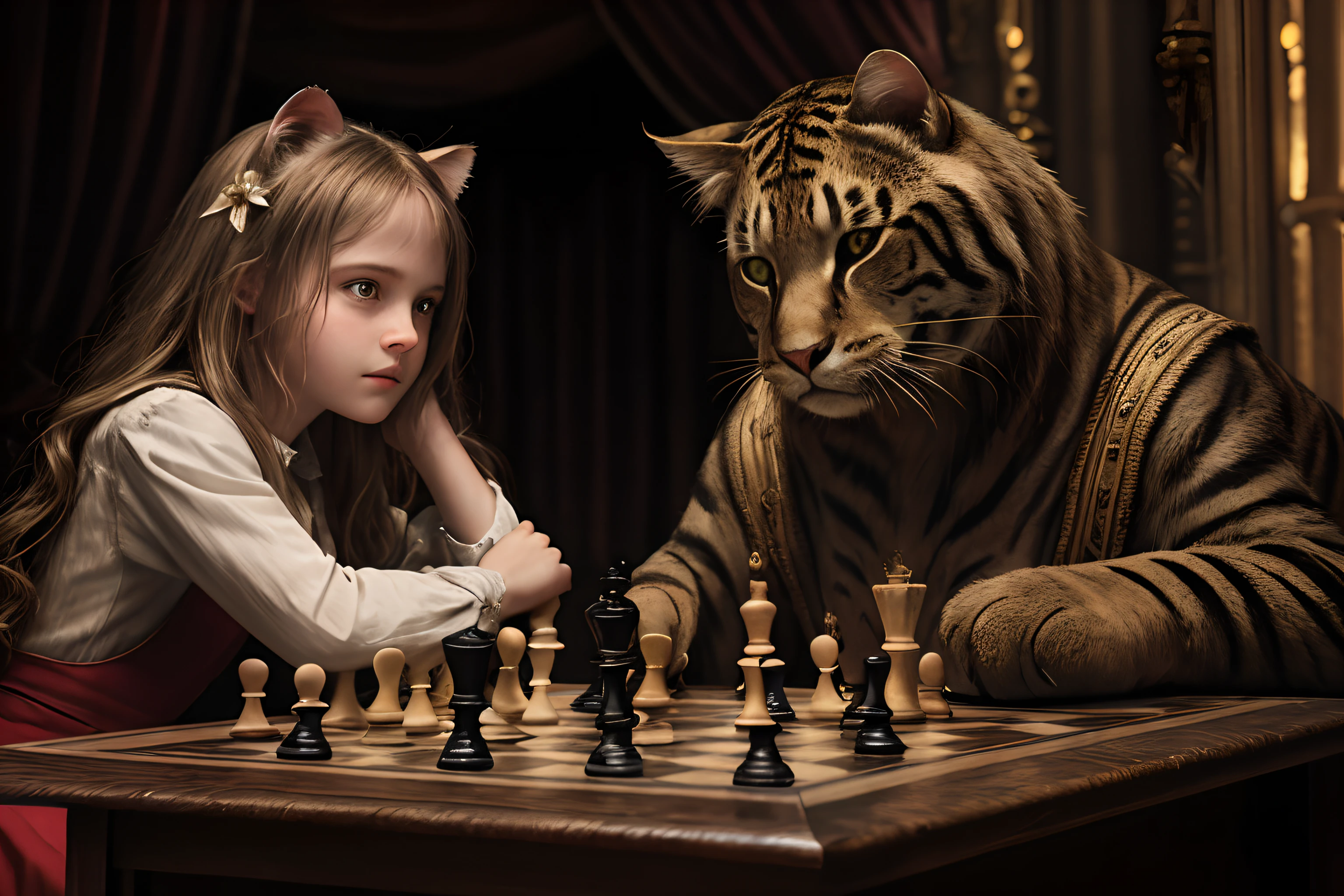 Realistic, photorealistic, RAW photo, ultra detailed, cinematic lighting, (surrealism: 1.2), theater stage with curtain down, girl playing chess vs big anthropomorphic cat, they leaned over the table and look at each other almost touching their heads, detailed face and eyes, vivid colours, masterpiece, Cinematic composition, aesthetic of fairytale, Centered image.