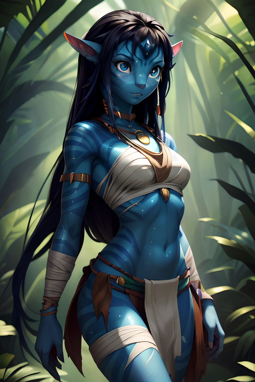 Avatar girl from the planet Navi, There is an avatar tail, Very long messy hair and long bangs, beatiful face, ((sexy facial expression)), Facing the camera, Body color: blue with stripes, skin color: blau, sweaty body, Body glare, ((pretty eyes)), Cyan eyes, ((Perfect Sexy Figure)), Ideal body shapes, big thighs, ((sophisticated and beautiful)), Sexy seductive stance, Full-length, ((Avatar Outfit: loincloth ripped bandage and ripped top, Avatar Tribe Decorations)), Background: Wild Jungle Navi, Depth of field, ((ultra quality)), ((tmasterpiece)), Clear image, crisp details, Realistic, professional photoshoot, Clear Focus, the anime, Colorfully drawn, NSFW