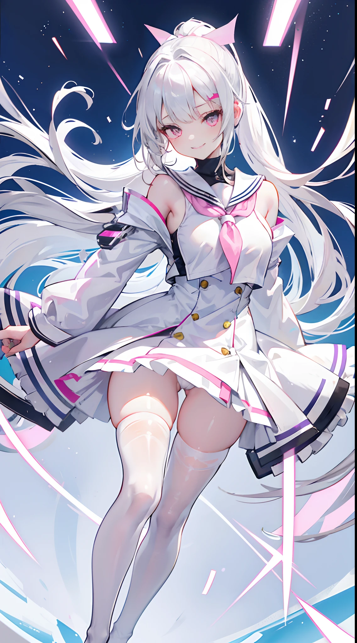 ，Silver-white double ponytail hair，Pink eyes，White futuristic off-the-shoulder sailor uniform school uniform dress，huge tit，of girls，black lence stockings，Standing barefoot and wearing only stockings，Hair scattered around the waist，，cheerful grin，Jumping up innocently，mid air，Beautiful backdrop setting