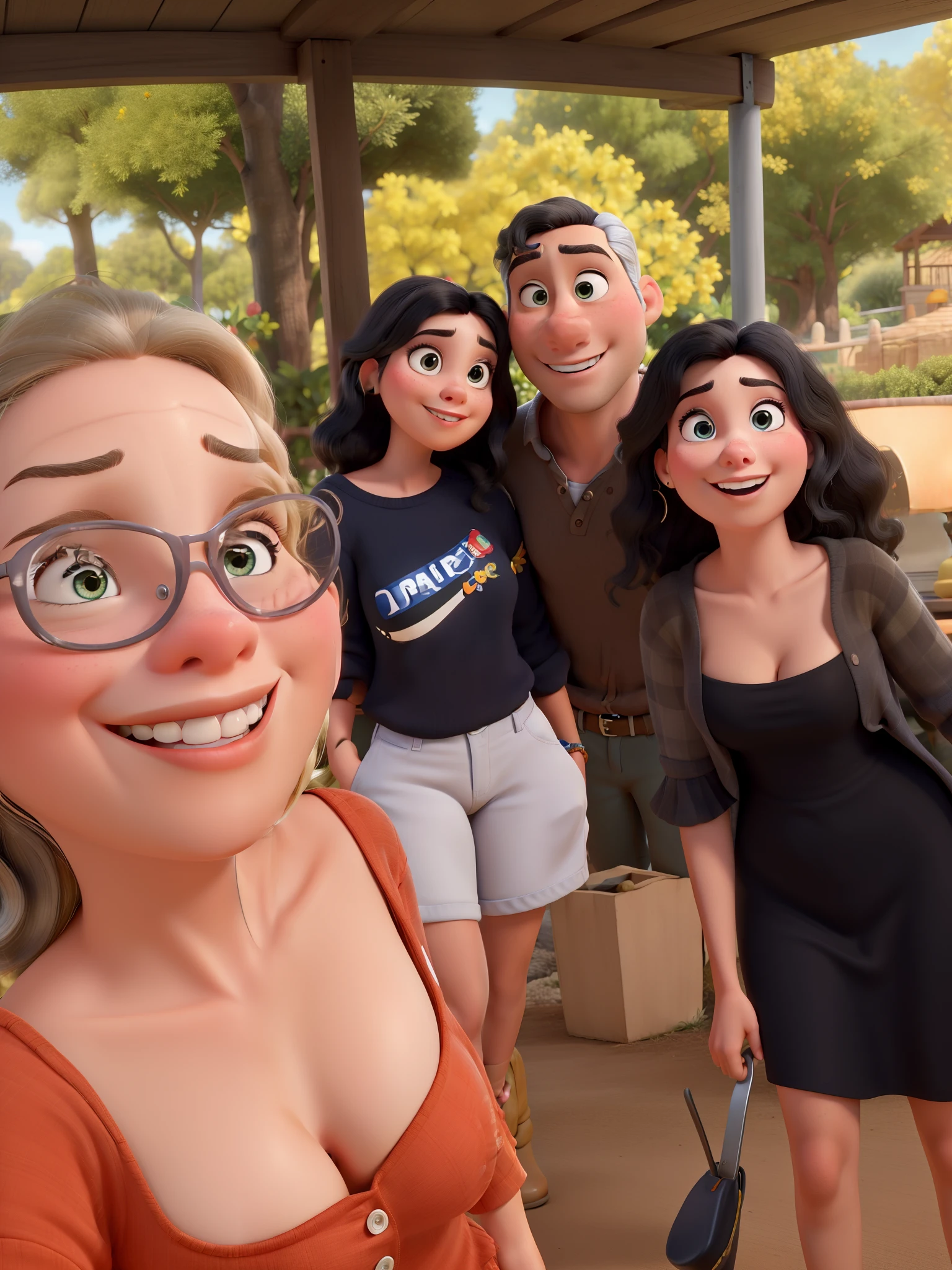 Obra-prima ao estilo Disney/Pixar in high quality and high resolution. The woman in the front is blonde and the man has black hair.