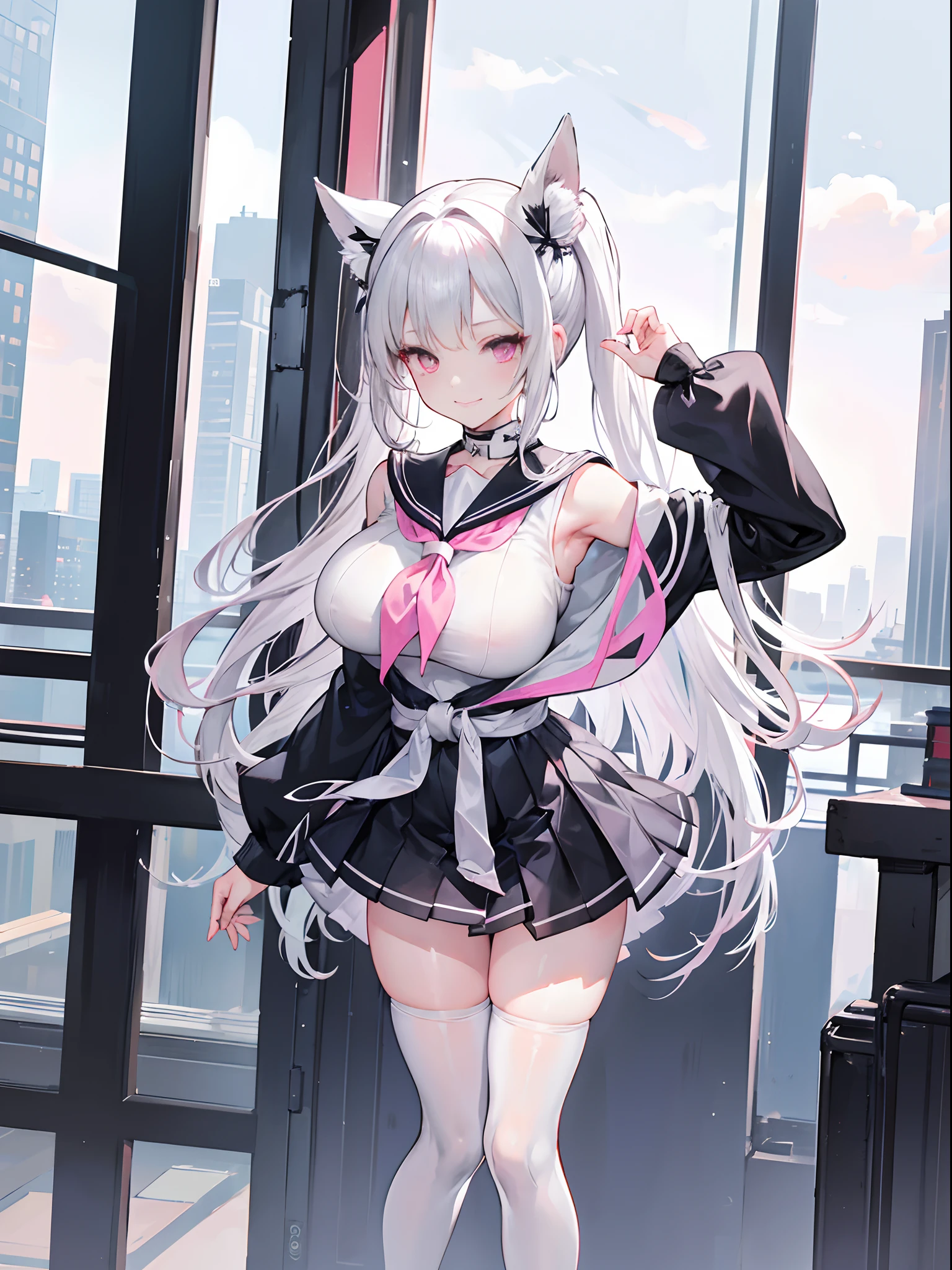 ，Silver-white double ponytail hair，Pink eyes，Futuristic off-the-shoulder sailor uniform school uniform dress，huge tit，of girls，black lence stockings，Standing barefoot and wearing only stockings，Hair scattered around the waist，，cheerful grin，Jumping up innocently，mid air，Beautiful backdrop setting