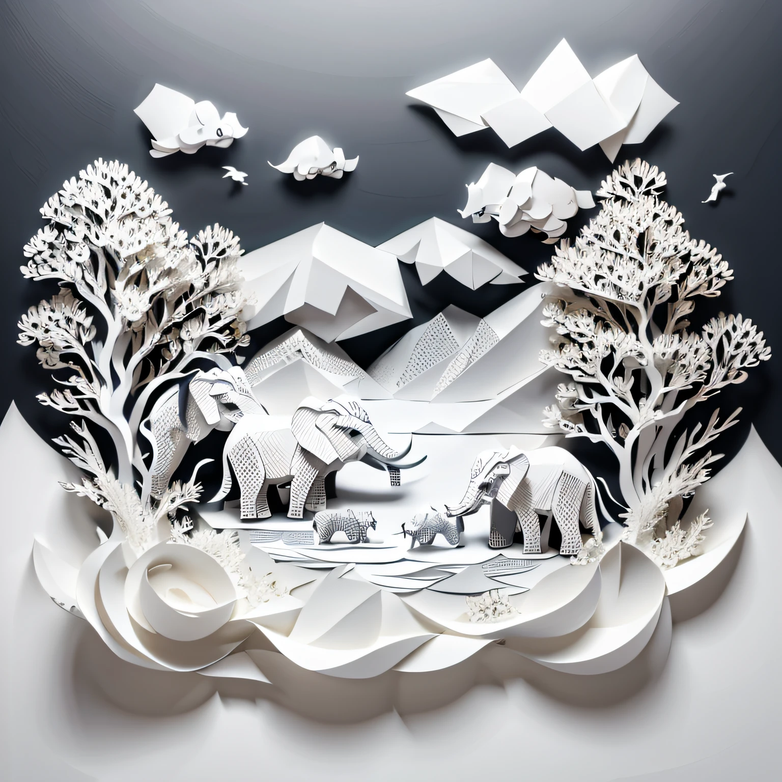 papercraft image, monochromatic white, all white, no colour, elephants in nature scene, river