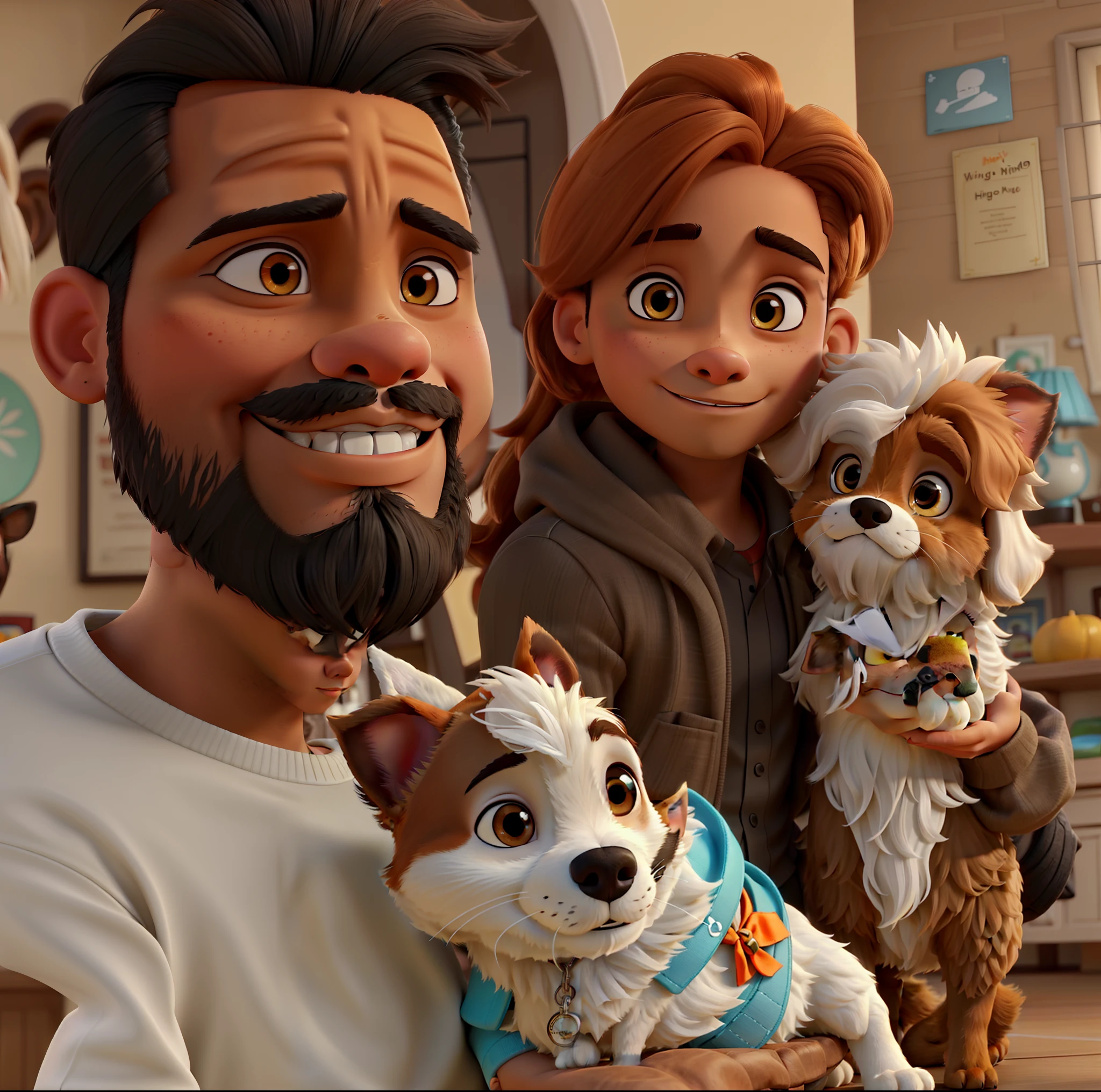 A light-skinned man with black hair with a beard holding a white and brown Chihuahua dog and a light-skinned woman with orange hair holding a brown and white shitzu dog in Disney pixar style, high quality, best quality