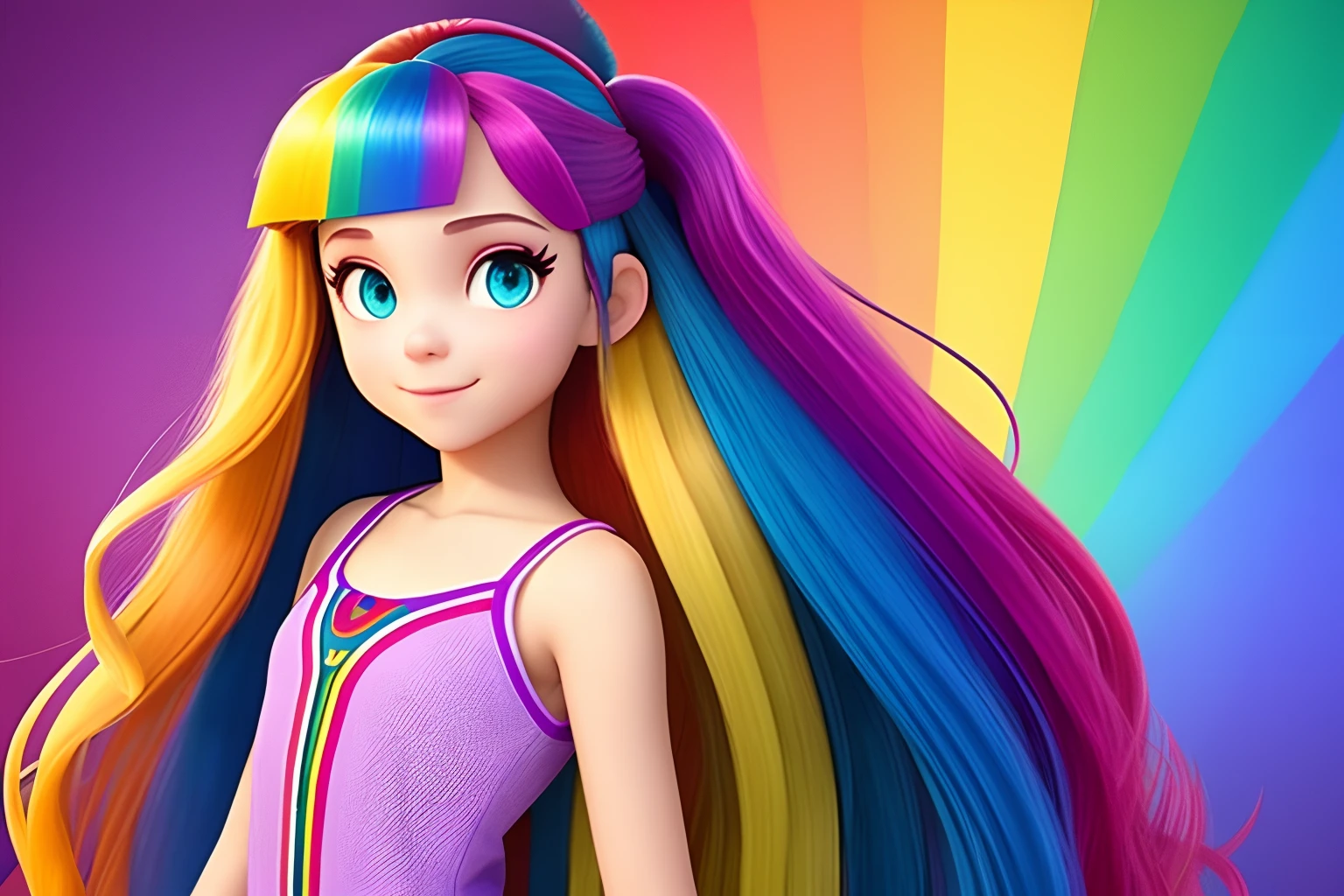 menina adolescente, long rainbow hair, Vestinda as a heroine, Estilo Disney Pixar