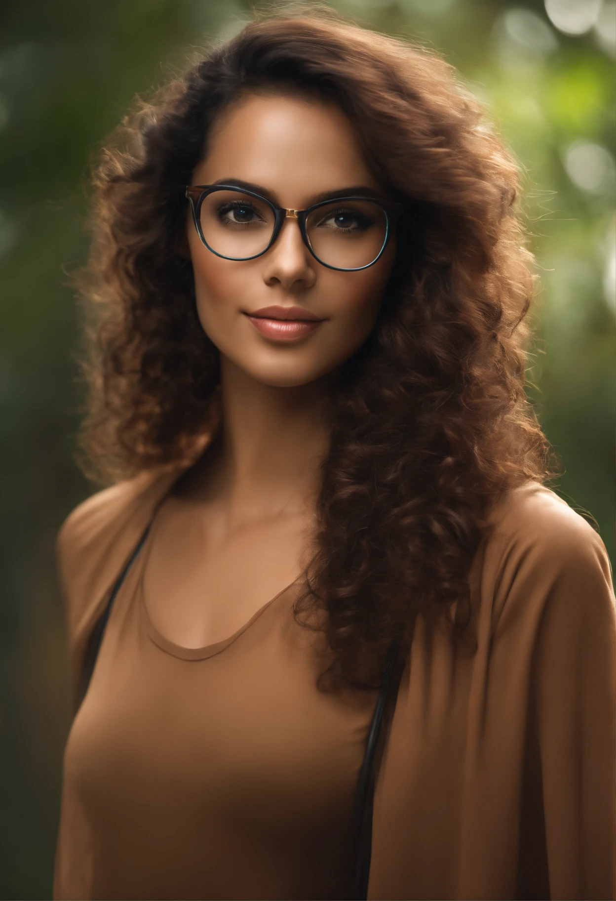 avatar muito realista, mulher feminina brasileira, Friendly face with discreet smile, wearing prescription glasses. Pele morena, cabelo anelado, mostrando profissionalismo, not too skinny. I need 6 images of the same character in different positions and with different facial expressions.