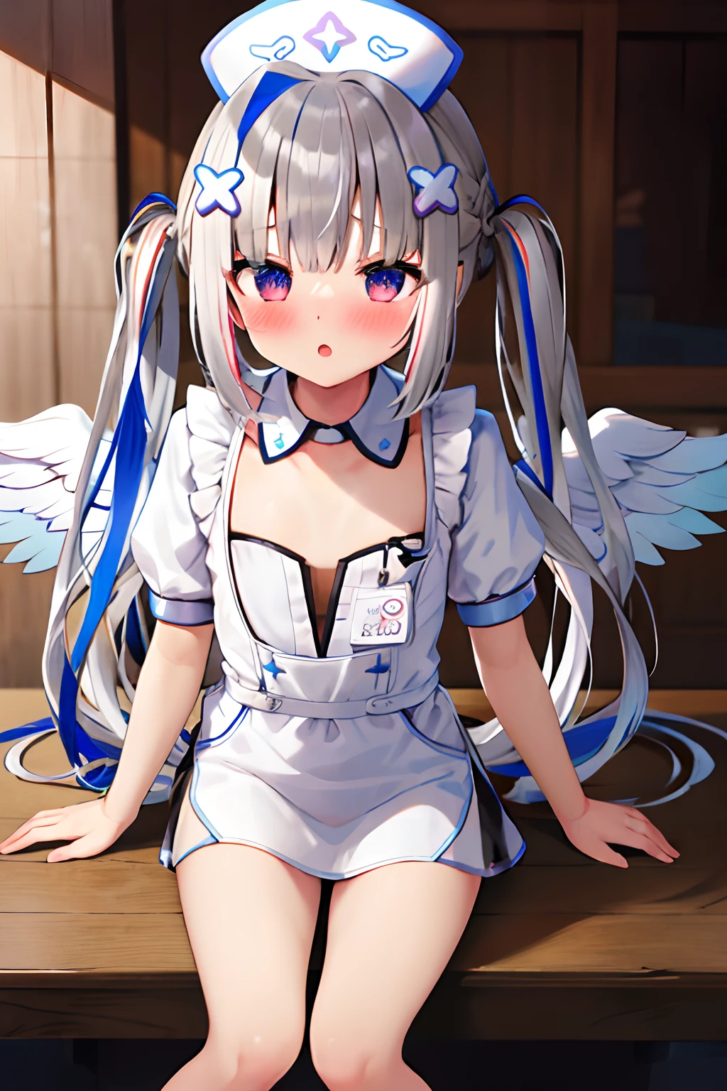 1girl, amane kanata, solo, hat, nurse cap, grey hair, multicolored hair, blue hair, wings, purple eyes, hair ornament, colored inner hair, angel wings, braid, bangs, nurse, streaked hair, single hair intake, x hair ornament, pink hair, twintails, flat chest, cowboy shot, pointing, sitting, embarrassed,