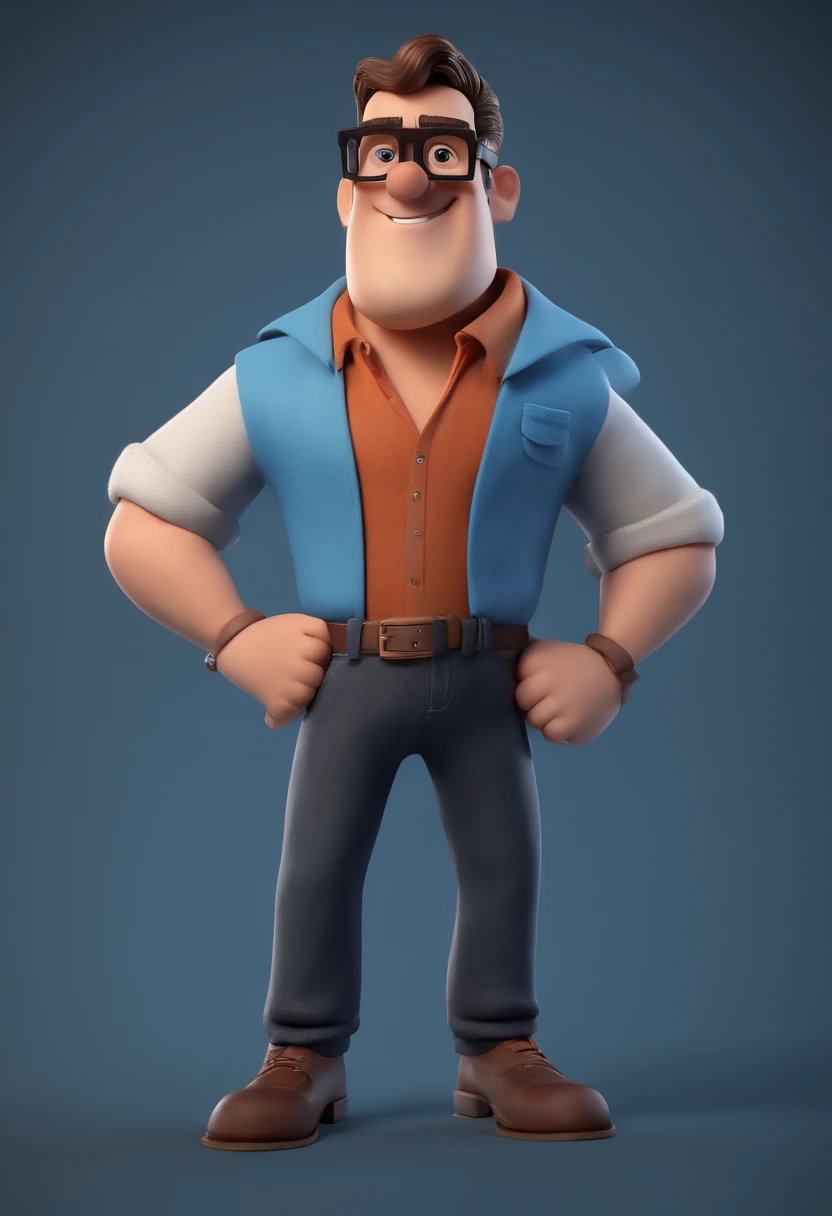 Cartoon character of a man with black glasses and a blue shirt, animation character, Caractere estilizado, animation style rendering, 3D estilizado, Arnold Maya render, 3 d render stylized, toon render keyshot, Personagem 3D, Personagem 3D, 3d rendering stylized, 3 d character render, personagem de desenho animado, Personagem de close up, Pose de personagem,  (Estilo Pixar) (master part:1.2) (Bokeh) (best quality) (pele detalhada) (textura detalhada) (8k) (argila) (Cinematic lighting) (foco nítido