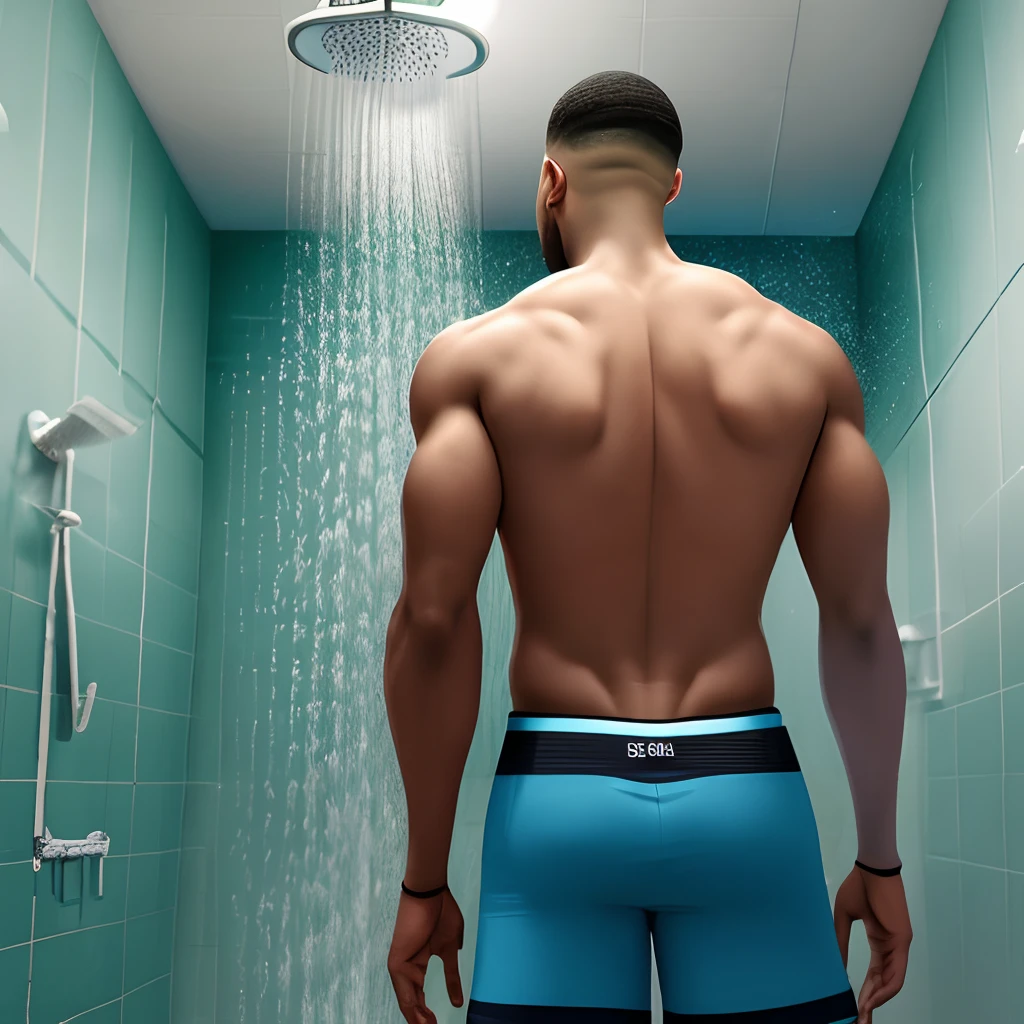 Jayson tatum, nba basketball player, in the gym shower, from the back, shirtless, full body image, tight thin underwear, big large butt, Realistic image, ultra hd, 32k hd