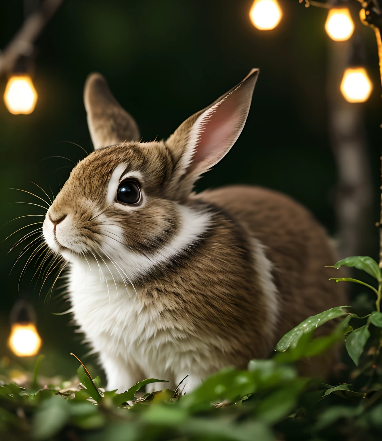 "Close up of a rabbit in the magical forest at night, Surrounded by twinkling fireflies. The scene is filled with enchanting volume fog, creating a dream-like atmosphere. The image shines softly with beautiful bokeh and dramatic lighting. The rabbit is perfectly centered, Follow the rule of thirds. Shot with 200mm lens and 1 wide aperture.4F for capturing complex macro details."