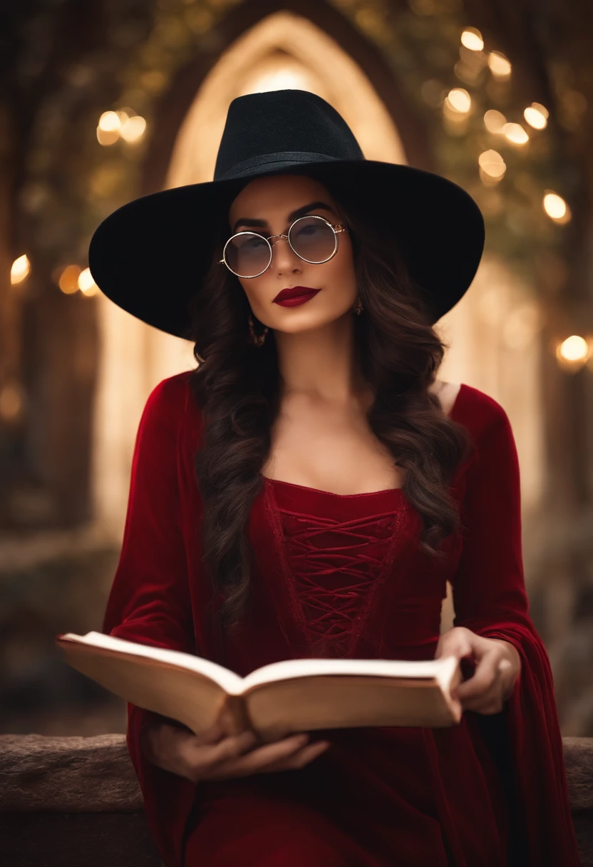 Woman in red hat and glasses holding a book,cabelos prateados,She wears Harry Potter glasses, Maya Ali como d&d feiticeira, holding spell book, vestido como bruxa, d&Magic D, wearing a red wizard's hat, nsfw, sem censura