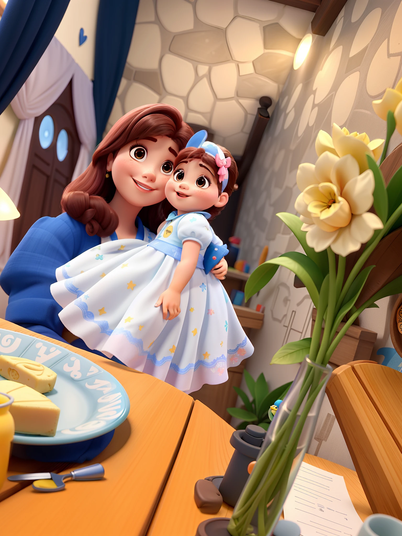 Mulher feliz segurando um bebe no estilo Disney Pixar, alta qualidade