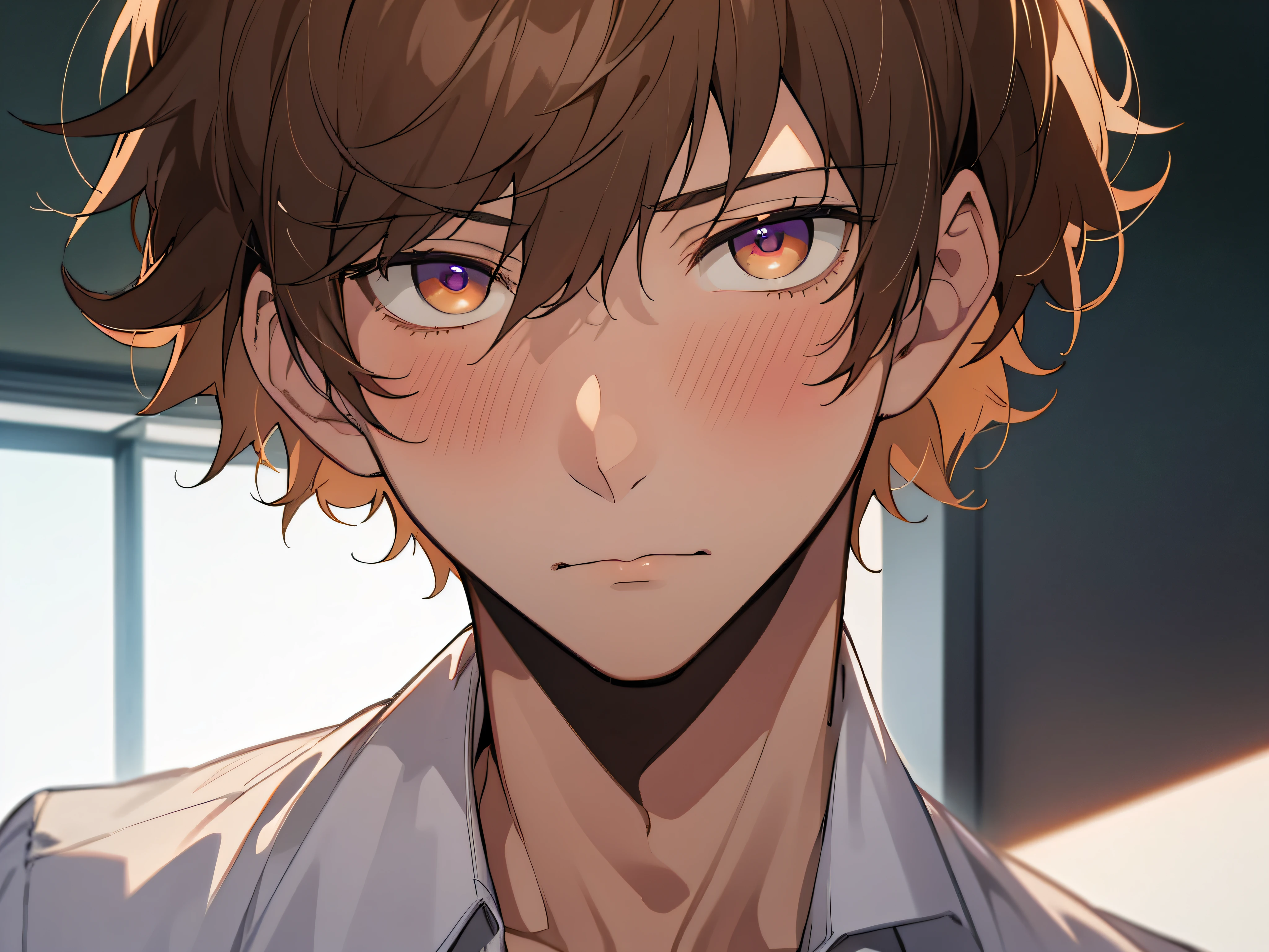 ((((Solo)))),29-year-old boy, Warm skin, Pupil purple, Hanging,sharp eye,Dead Eyes Male Focus, Looking at Viewer, Upper body ,Brown hair, Short hair, Facial Focus,Adult, shirt, Best Quality, Facial details.,Classroom,dynamic ungle