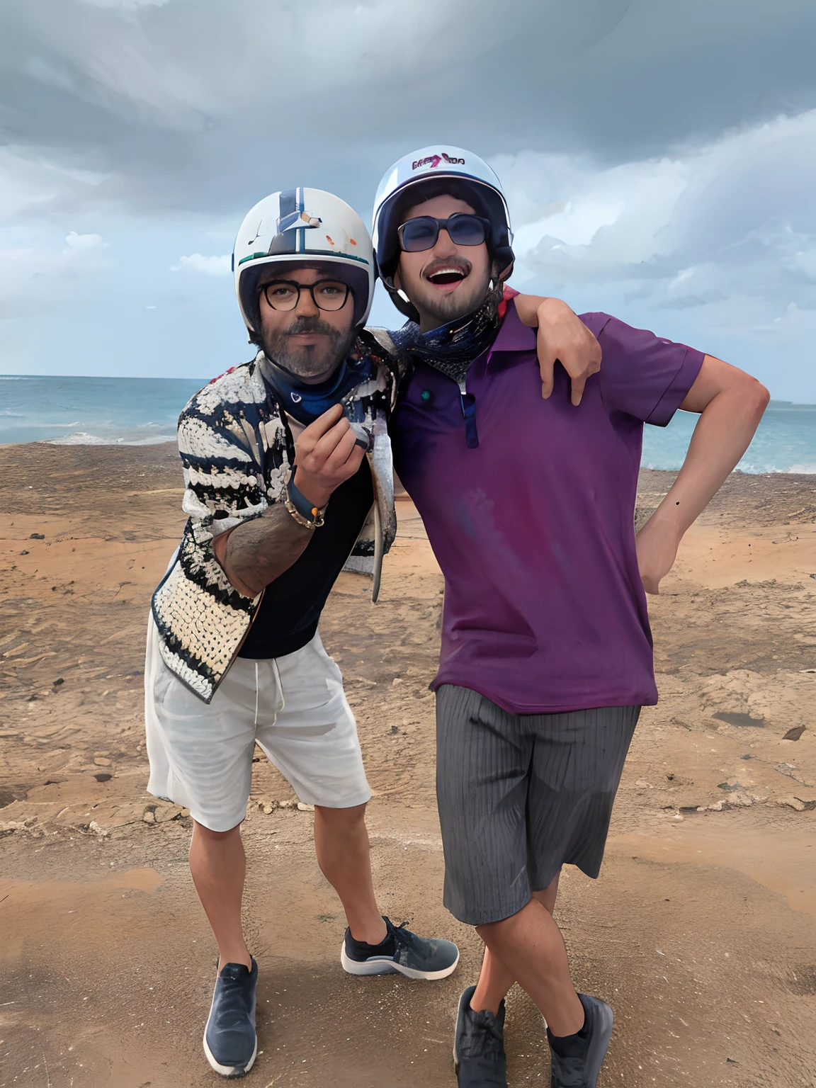 There are two men standing on a beach with helmets, Mars Ravelo e Greg Rutkowski, rhett e link, Andar na scooter do ciclomotor, Feliz!!!, usando roupas sujas de viagem, Ron English and Eiichiro Oda, vacation photo, coberto!, Capturado no iPhone, perto da praia, divertindo-se, por Romain brook, usando capacete