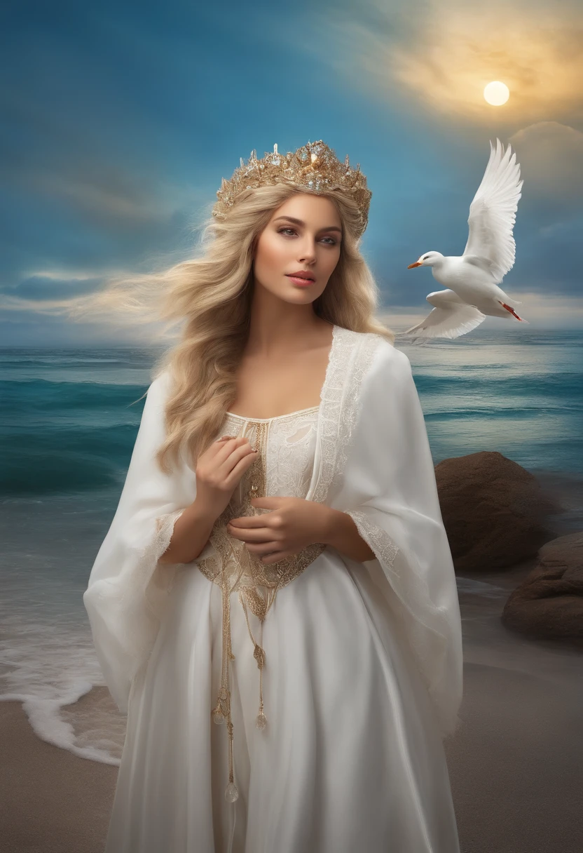 ,((best quality))),8k,((master part)),(Extremamente refinado e bonito), There's a girl coming out of the sea, uma princesa do cisne na mitologia russa, belo rosto calmo, olhos azuis, Blonde long braid hair, The moon braided the hair on the back of her head, bright old Russian white clothes with a Kokoshnik crown on their head, Olhos Carinhosos, meio sorriso, a soft expression on his face, Seascape and sunlight in the background, Seagulls in the sky, Comprimento total, realismo