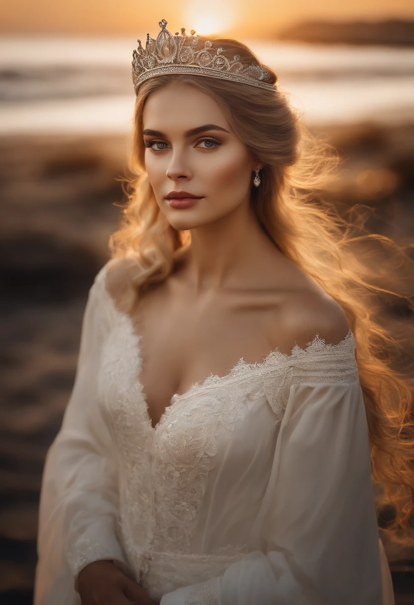 professionnel, (Photo 4K:1.1) par (Jeremy Lipking:0.3), (Dittmann Anna:0.3), (jiner:0.3), (mise au point nette:1.3), High detail, Porter (Chemise moulante:1.2), beautifull detailed face, Yeux noisette, longs cheveux blonds, (attractive young woman:1.3), (Seductive:1.1), (rougissant:1.1), Forme du corps du sablier, Gros seins ronds, hanches larges, sur la plage