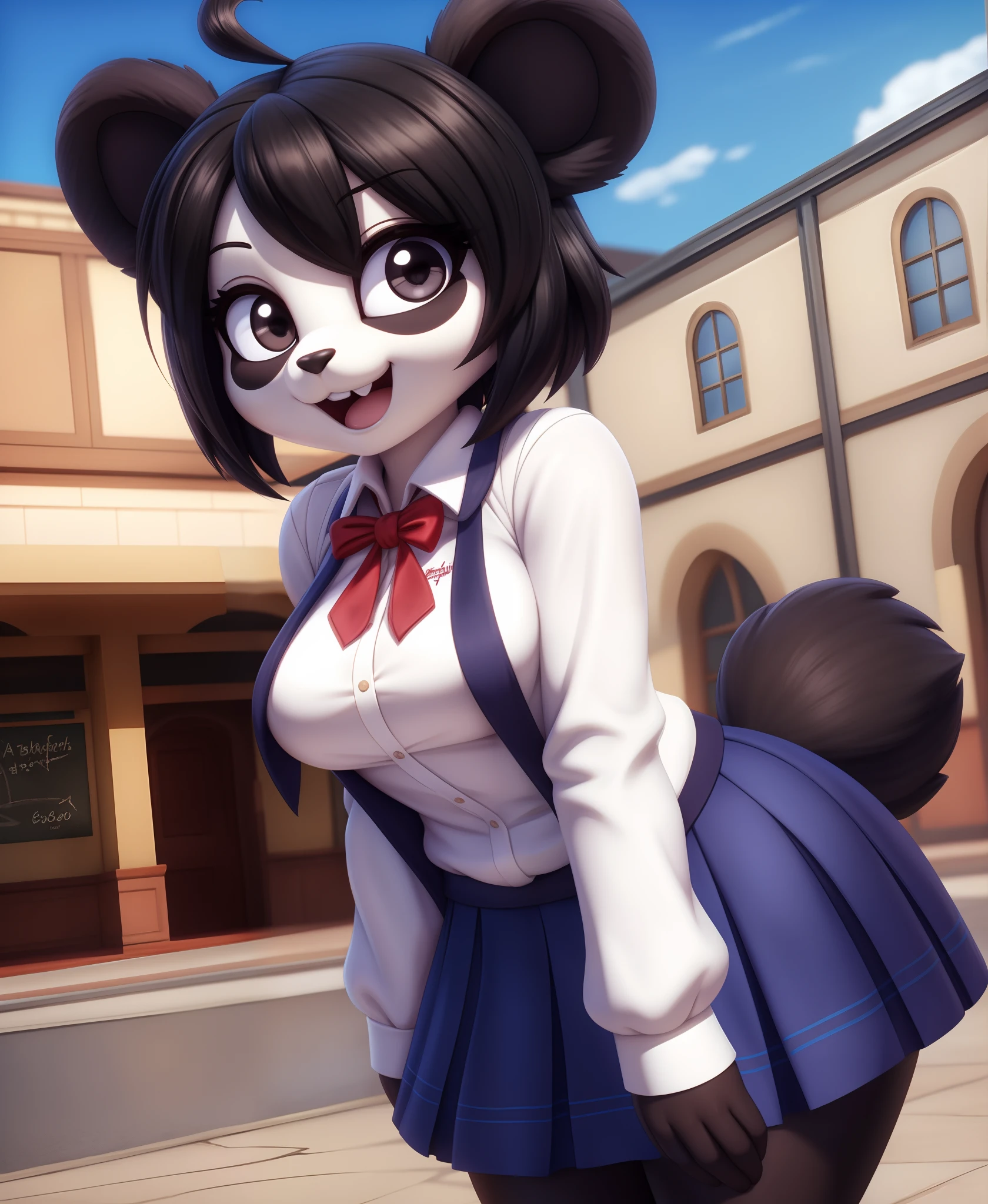 kenny \(kenashcorp\), panda, female, three-quarter portrait, school uniform, blue skirt, blue sky, smile, (heart ahoge), 3d, scut tail, open mouth, black hair, black eyes, by personalami, by miso souperstar,