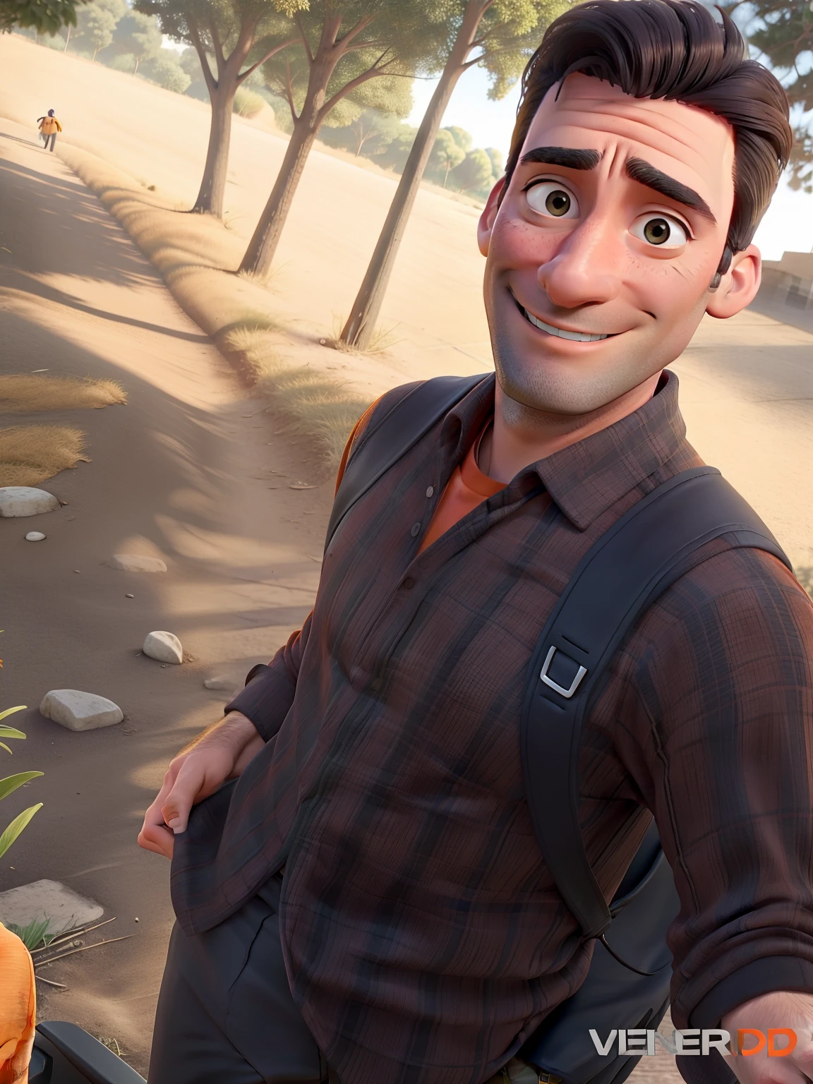 Jon Hamm dressed in an orange shirt and black pants, sorrindo e apontando para o lado com o dedo indicador