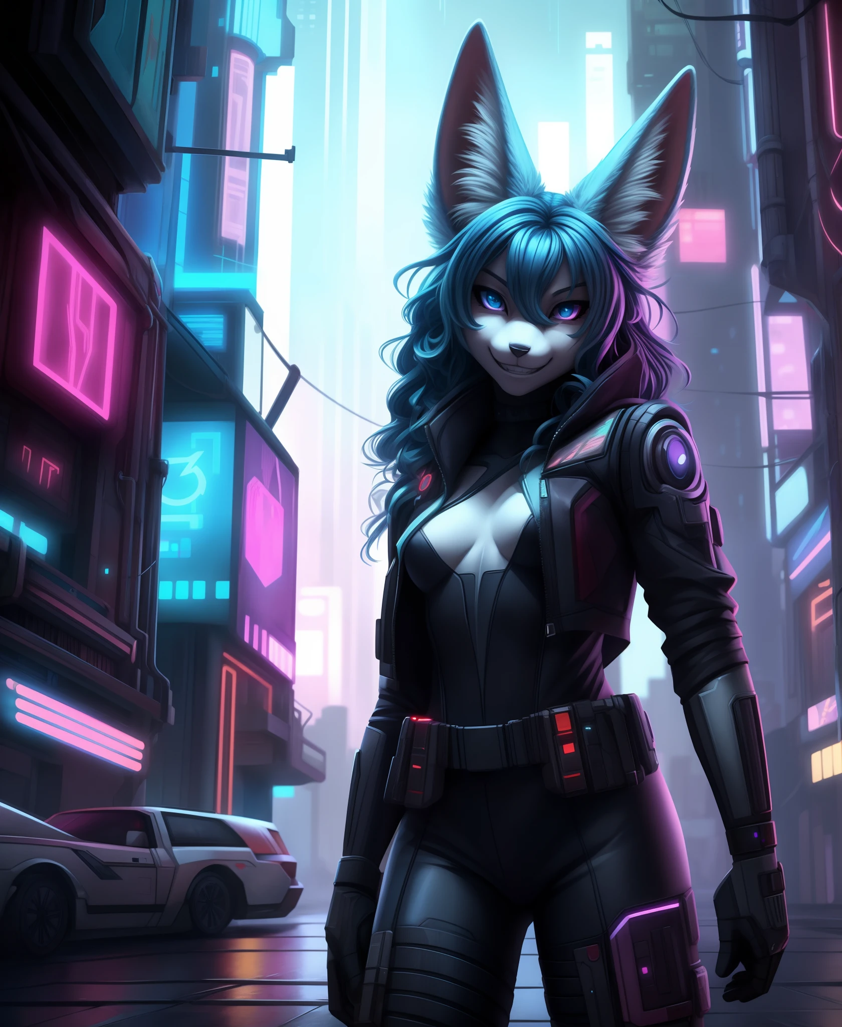 (cyberpunk style:1.2), (Anime, cute), (fluffy anthro furry:1), Fennec, (very long curly blue hair, woman, detailed face), (small breasts:1) , pose, grin BREAK cityscape, masterpiece, best quality, subsurface scattering, absurd res, soft lighting, countershading, detailed background, in the style of [Ashley Wood|Alex Maleew]