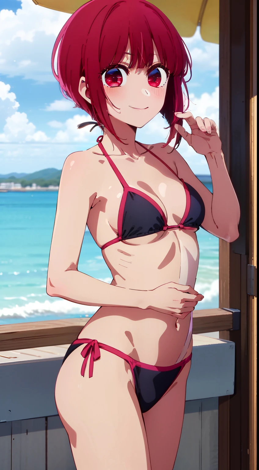 masterpiece、ighly detailed、(1 girl in:1.2)、Red hair、Learn uniforms、big eye、a closeup、A smile、8K、short-hair、(((anime styled)))、Shining eyes, bikini, small boobs, beach, wind