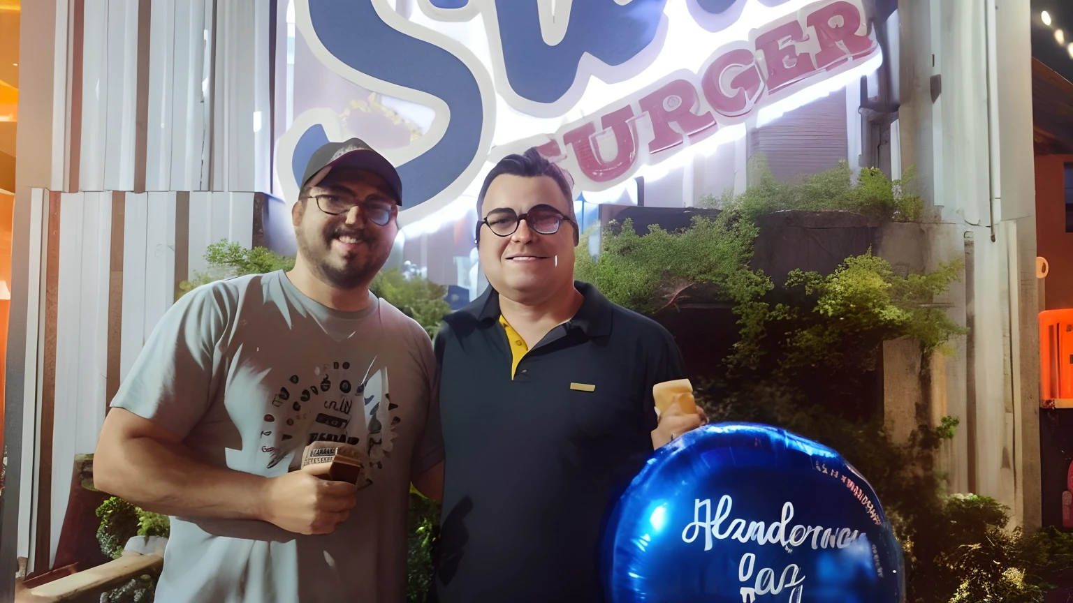 Two men outside a burger joint holding a blue balloon, Jack Black holding a burger, salvador, Scandy e Arender, burger face, burger, foto de perfil 1024px, soy fan de quino, photo taken at night, saâdane afif, hamburgers, operating on burgers, foto do perfil, Condutor de Ene