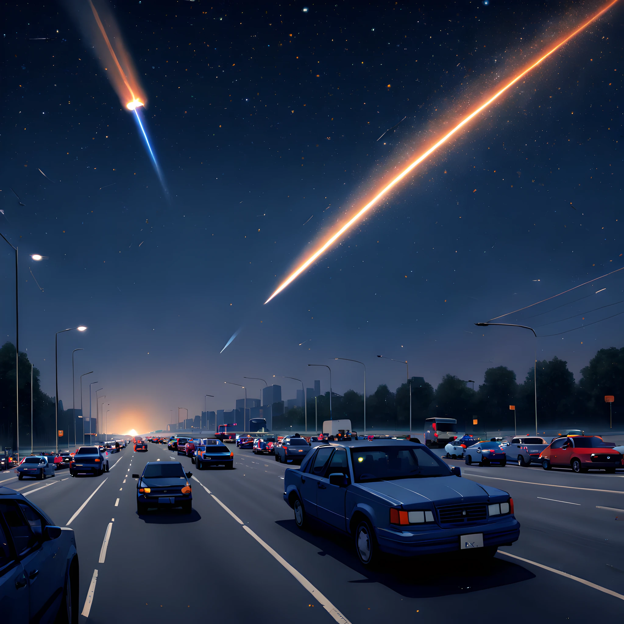 (Pixel art:1.5), (pixel theme:1.5), (fantasy:1.5), (meteor:1.5), (A meteorite passes over a car on the Metropolitan Expressway:1.5), (Metropolitan Expressway:1.5), (meteorite:1.5), (starry night sky:1.5),(A swarm of cars escaping from the capital:1.5), (congestion:1.5), (Meteor showers in the sky:1.5),