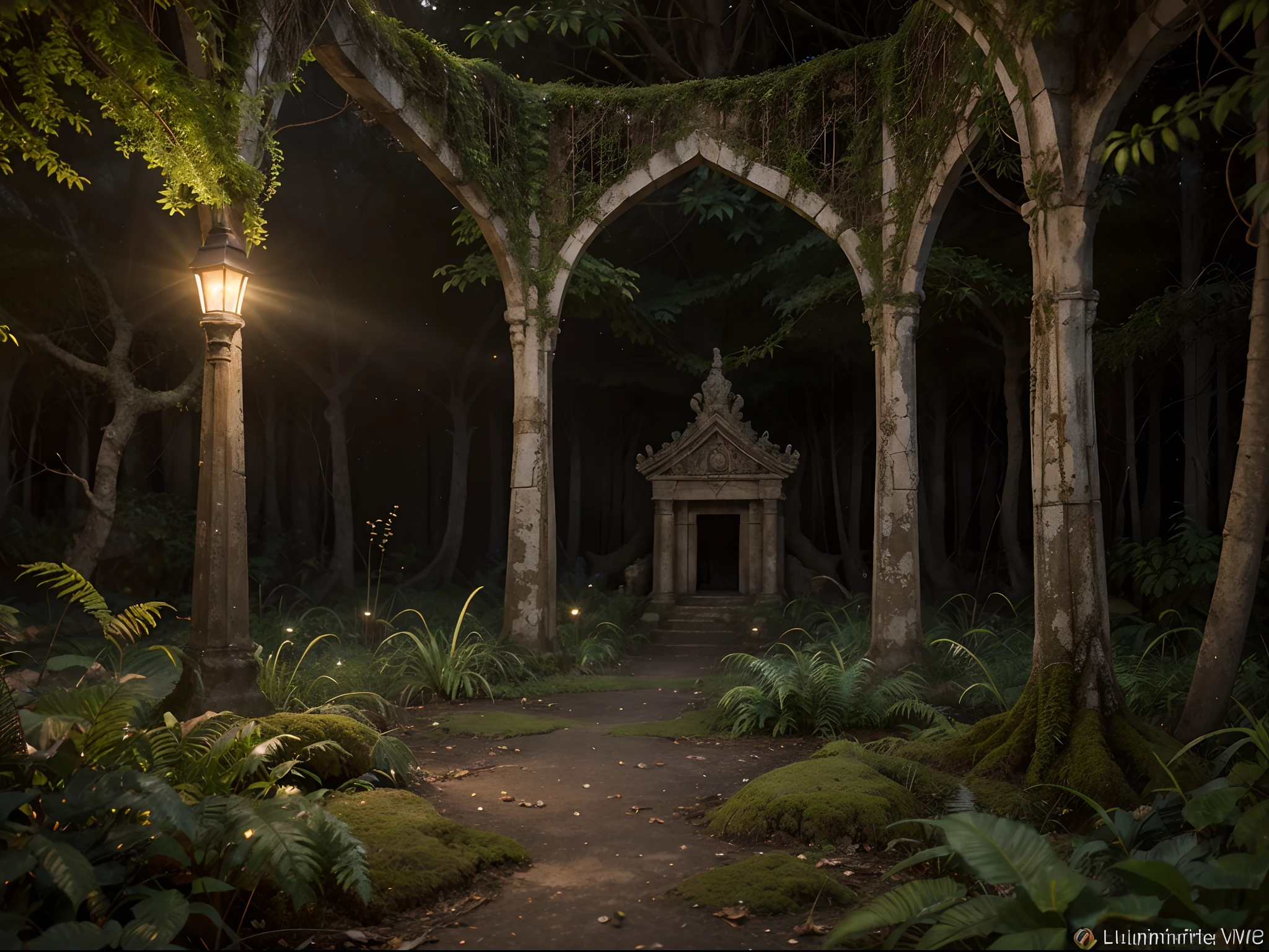 Create a photorealistic depiction of an ancient, overgrown jungle temple at sunset. Illuminate the scene with bioluminescent flora and fauna, and ensure that the details of the moss-covered stones and vines are so realistic that one can almost feel the texture.