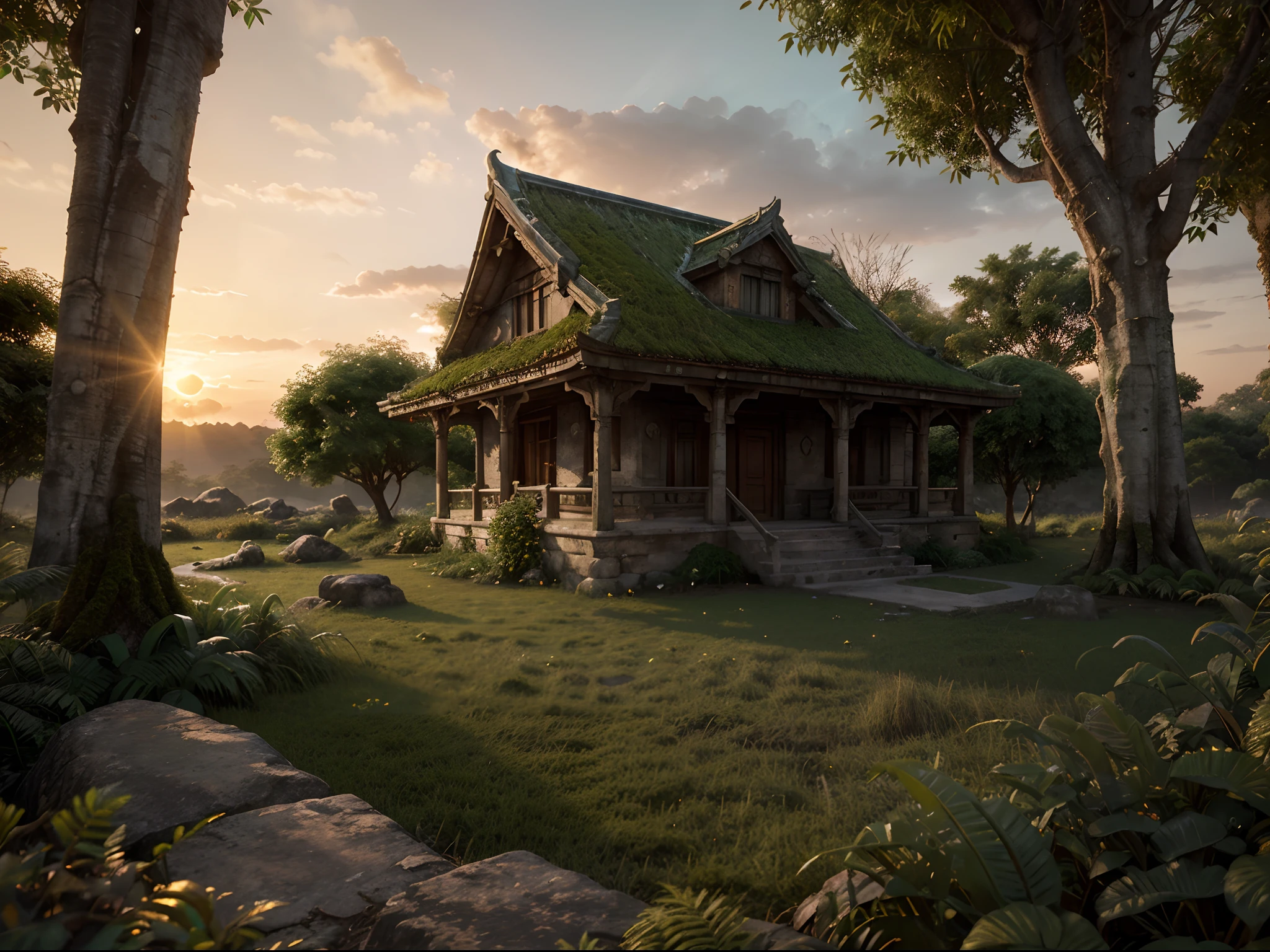 Create a photorealistic depiction of an ancient, overgrown jungle temple at sunset. Illuminate the scene with bioluminescent flora and fauna, and ensure that the details of the moss-covered stones and vines are so realistic that one can almost feel the texture.