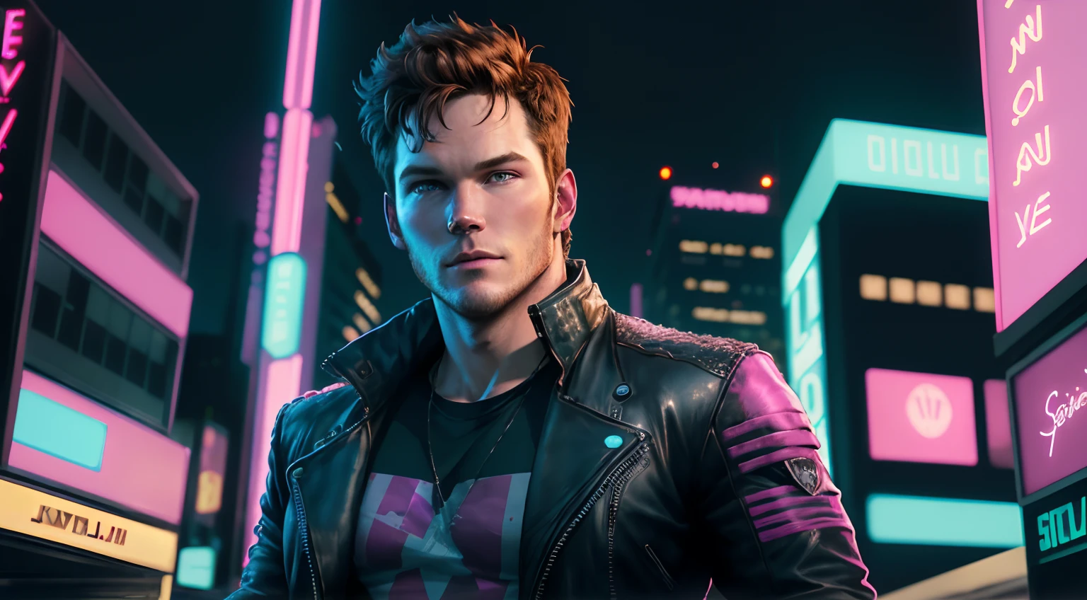 Retrowave, cyberpunk, Chris Pratt looking guy in leather jacket, dark hair, 80s synthwave urban setting, high resolution, realistic portrait, life like detail