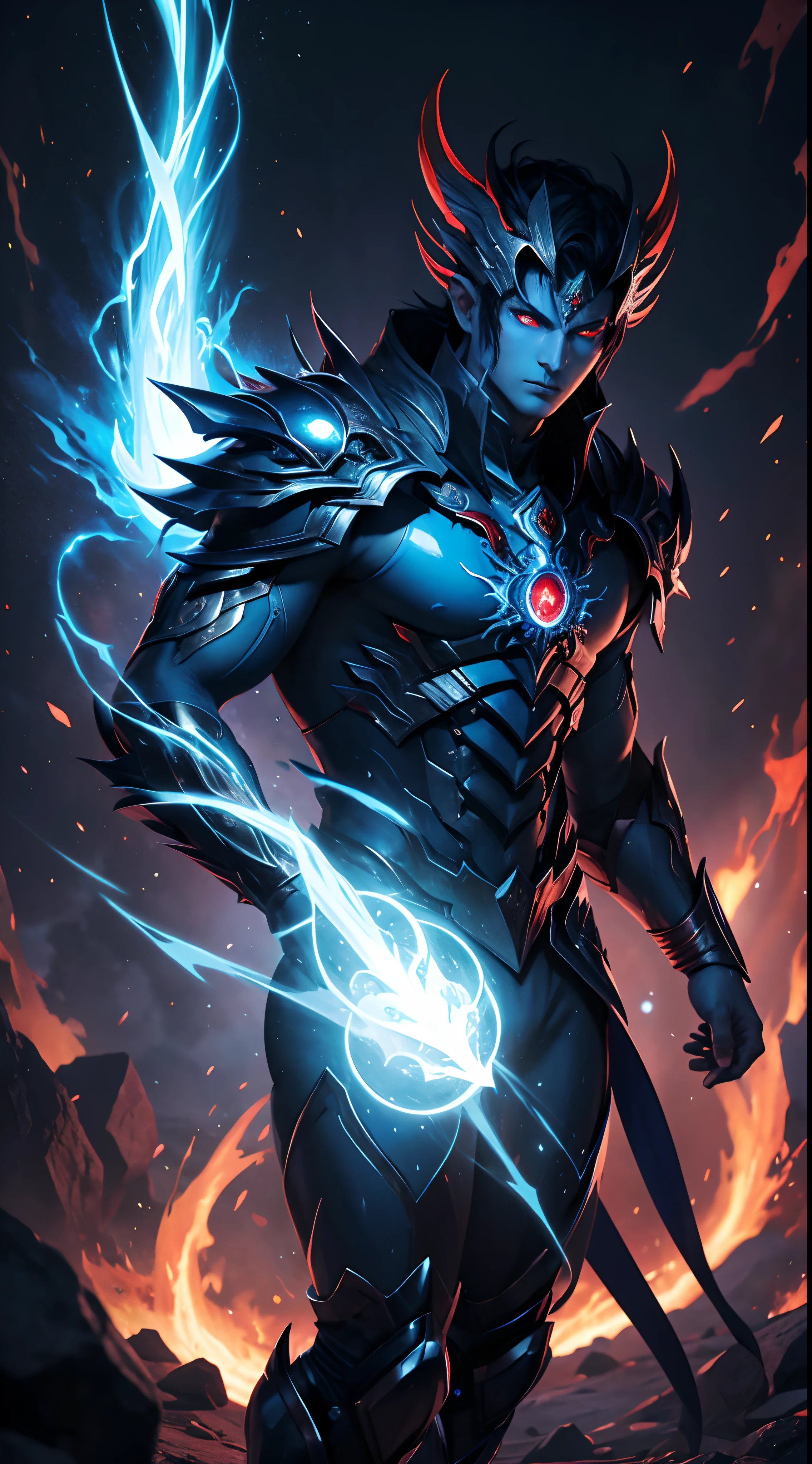 Experience the awe-inspiring transformation of the Blue Vageta God as he unleashes his full potential, with stunning renderings of his fiery aura and piercing red eyes.