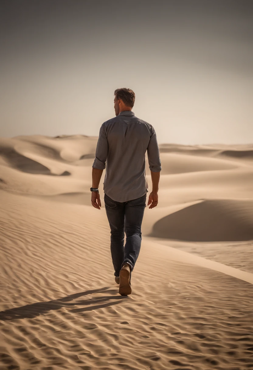 Man walking in the desert, very short hair, dubai en fond, 50m from the camera, high contrast, couleurs chaudes, ultra realist, highly detailed, complicated, mise au point nette, profondeur de champ, Prise de vue moyenne, Hdr, 8k, (hyperrealism:1.2), (photoreallistic:1.2), prise avec le Canon EOS 5D Mark IV