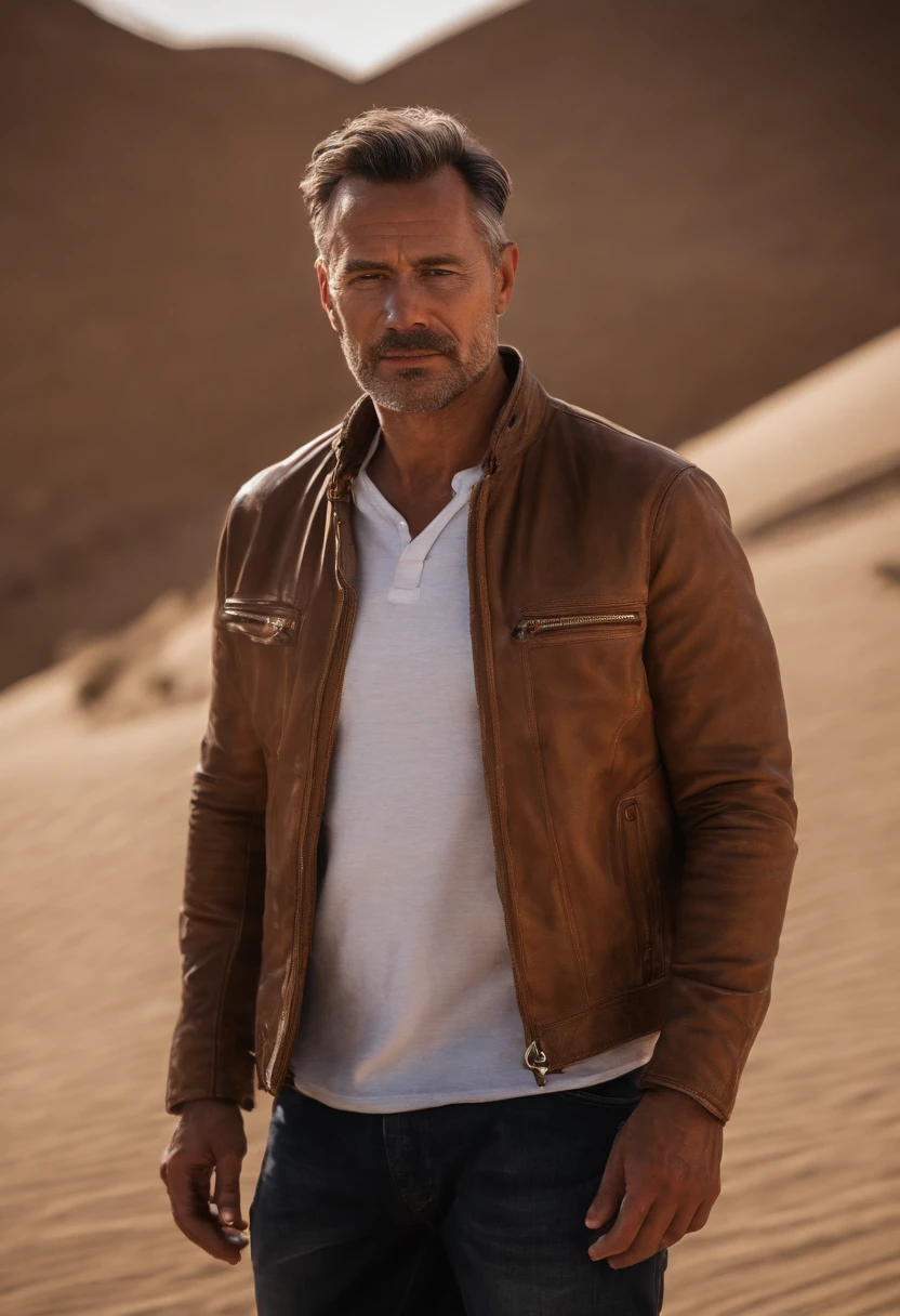 Man walking in the desert, very short hair, dubai en fond, 50m from the camera, high contrast, couleurs chaudes, ultra realist, highly detailed, complicated, mise au point nette, profondeur de champ, Prise de vue moyenne, Hdr, 8k, (hyperrealism:1.2), (photoreallistic:1.2), prise avec le Canon EOS 5D Mark IV
