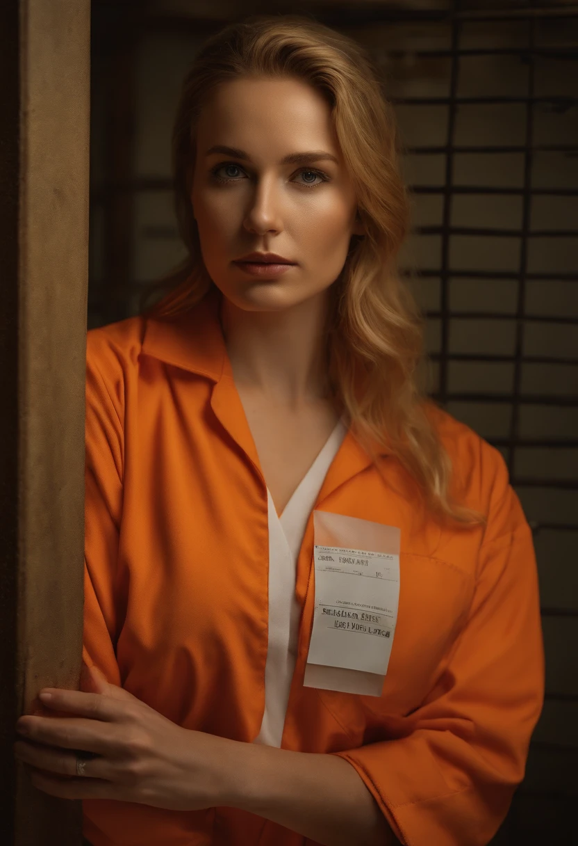 ((Realism)), extremely high quality RAW photograph, Detailed background, Convoluted, hair messy, Exquisite details and textures, Highly detailed, a  photo of a (Alison Mack) in a prison cell, (Wearing an orange prison uniform:1.3), looking away from camera, ultra detailed photographic, Warm lighting, art  stations, 4K, Sharp Focus, High resolution, Detailed skin, Detailed eyes, 8K UHD, Digital SLR, low harsh lighting, High quality, Film grain, FUJI XT3, sad:1.3