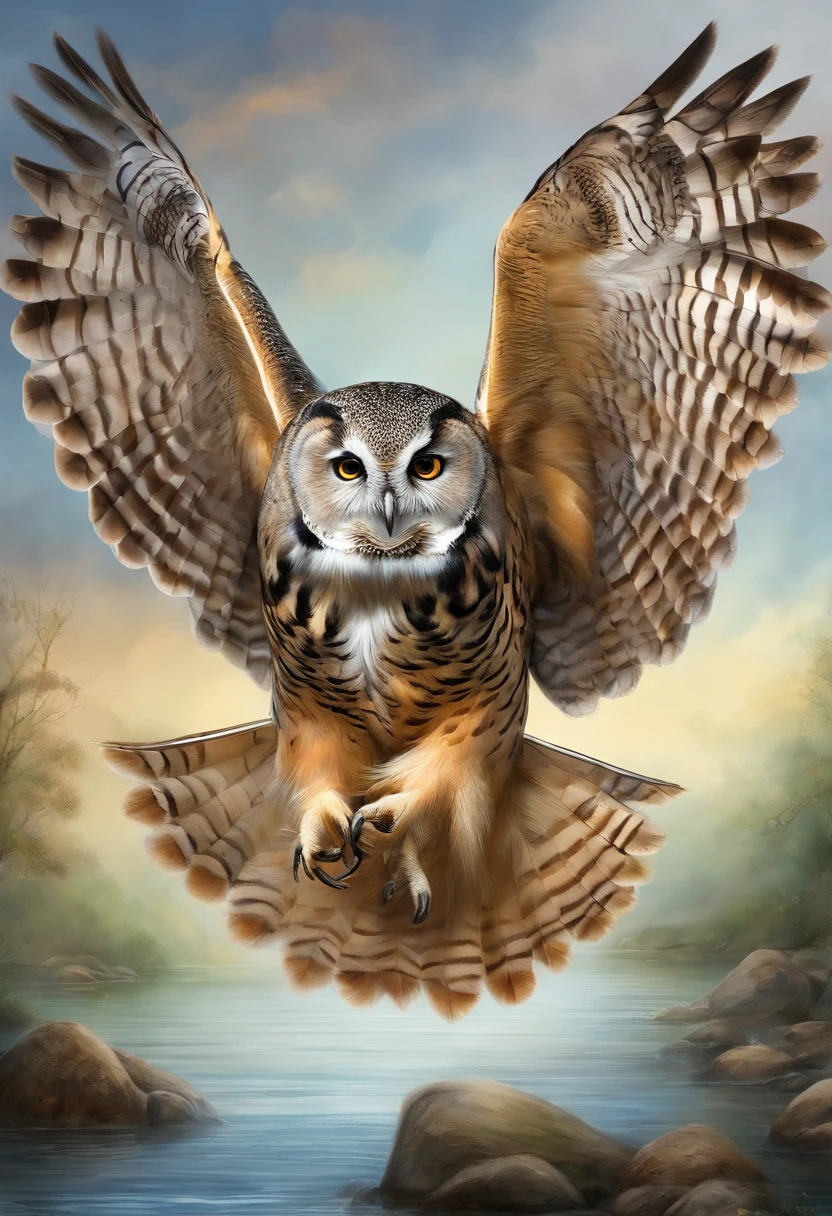 The owl flies over the water with a mouse,inverted image,Sharp focus,Bokeh,depth of fields,Works of masters,super-fine,Hyper-realistic,8k,Best Picture Quality,Detailed description