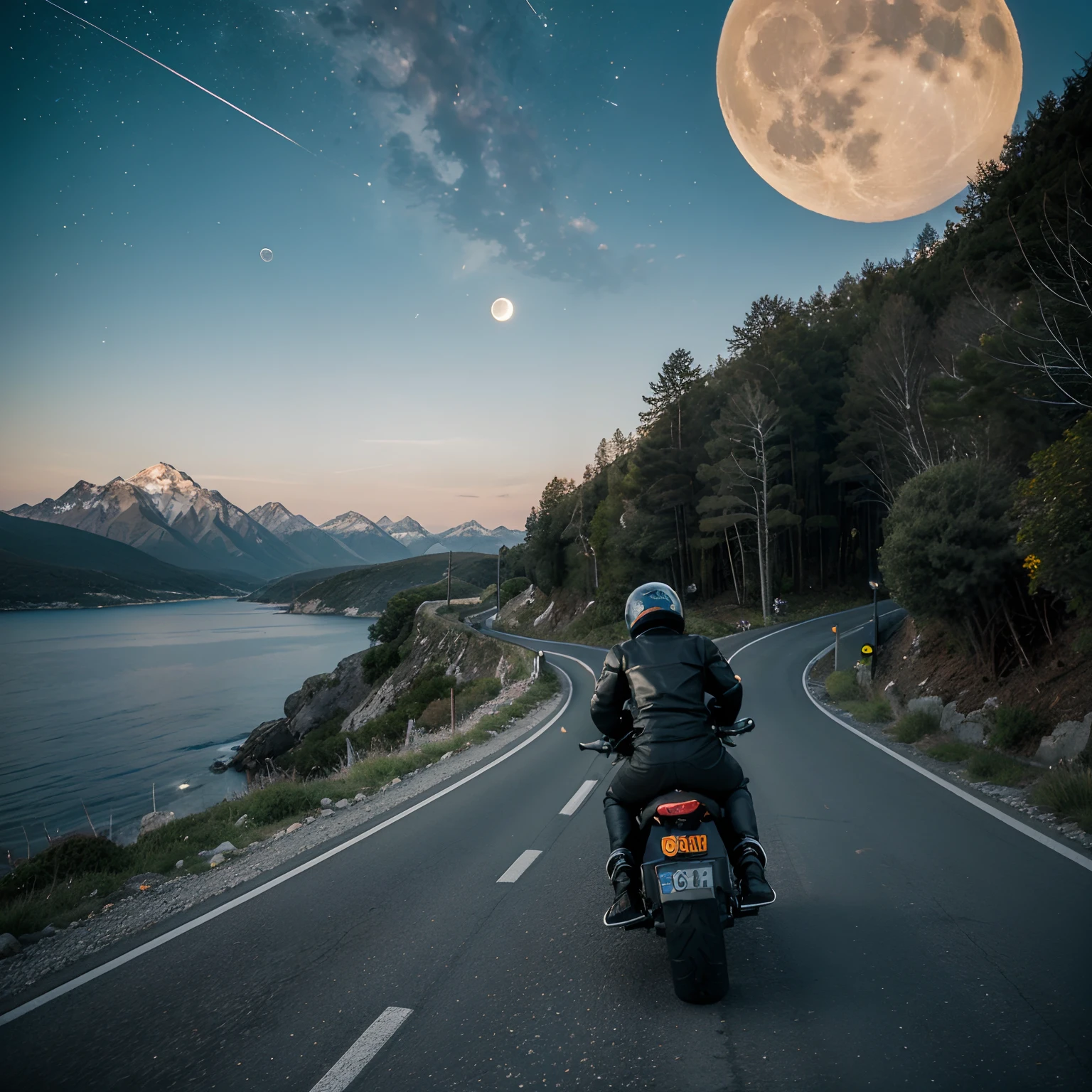 motorcyclists seen from behind going up a winding road over the sea towards a huge, bright moon between the mountains, with their motorcycles, with beautiful mountains in the background, sky with many stars.