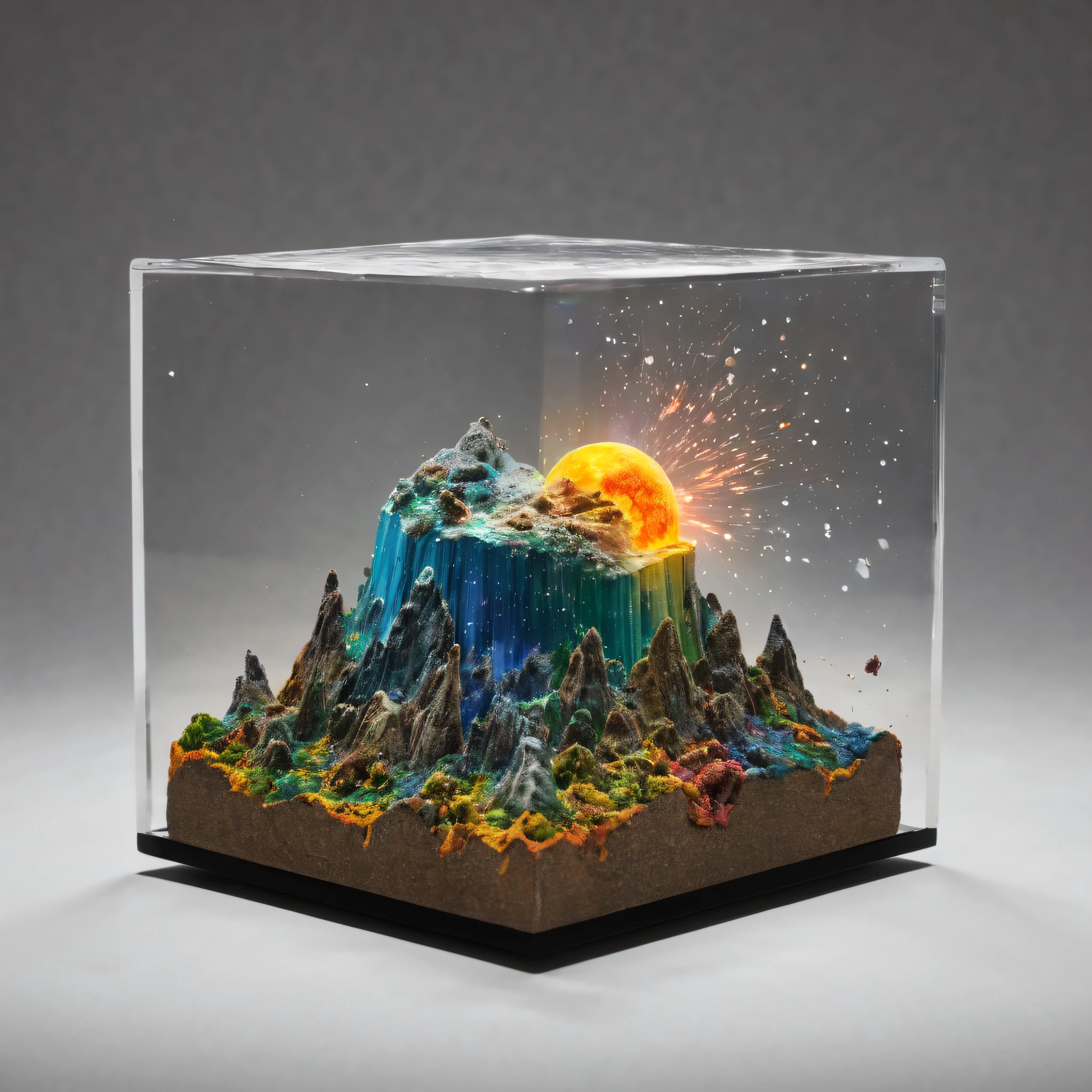 Photography of a three-dimensional meteor scene simulated within a glass cube. The cube contains intricately crafted miniature landscapes, with a meteor at its center, suspended in mid-air. The meteor is surrounded by a swirl of vibrant colors, evoking a sense of movement and energy. The cube is set against a contrasting background, enhancing the visual impact of the meteor. The photograph is captured from an angled perspective, allowing viewers to appreciate the depth and details of the scene. This imaginative image, reminiscent of a fantastical diorama, transports viewers into a miniature world of cosmic wonder