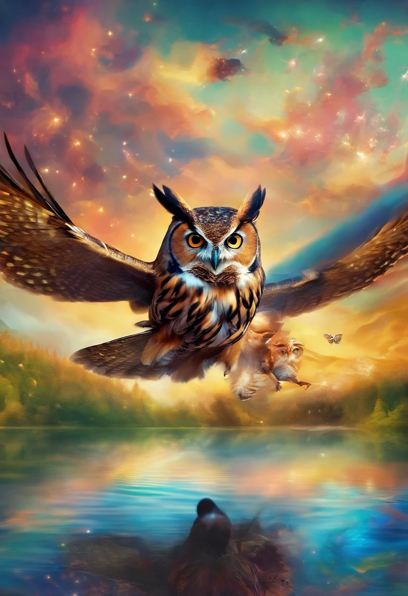 The owl flies over the water with a mouse,inverted image,Sharp focus,Bokeh,depth of fields,Works of masters,super-fine,Hyper-realistic,8k,Best Picture Quality,Detailed description