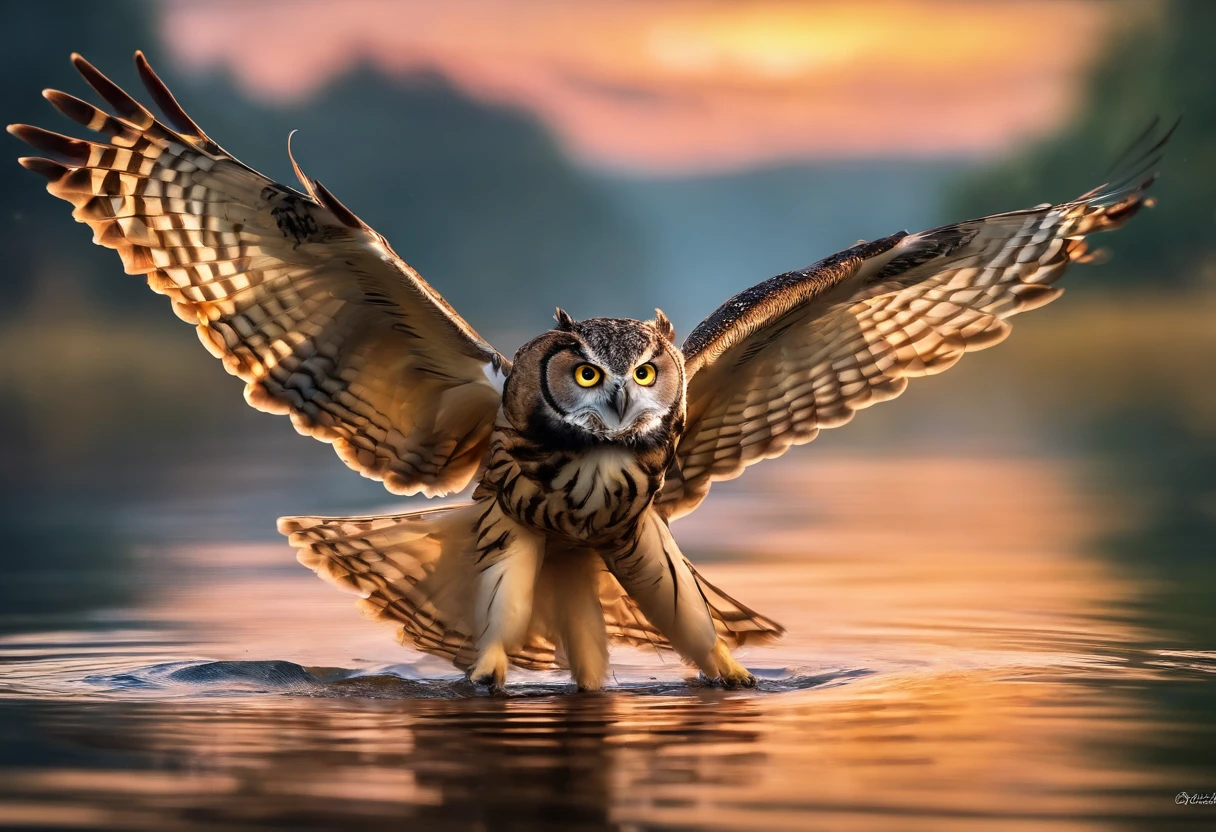 The owl flies over the water with a mouse,inverted image,Sharp focus,Bokeh,depth of fields,Works of masters,super-fine,Hyper-realistic,8k,Best Picture Quality,Detailed description