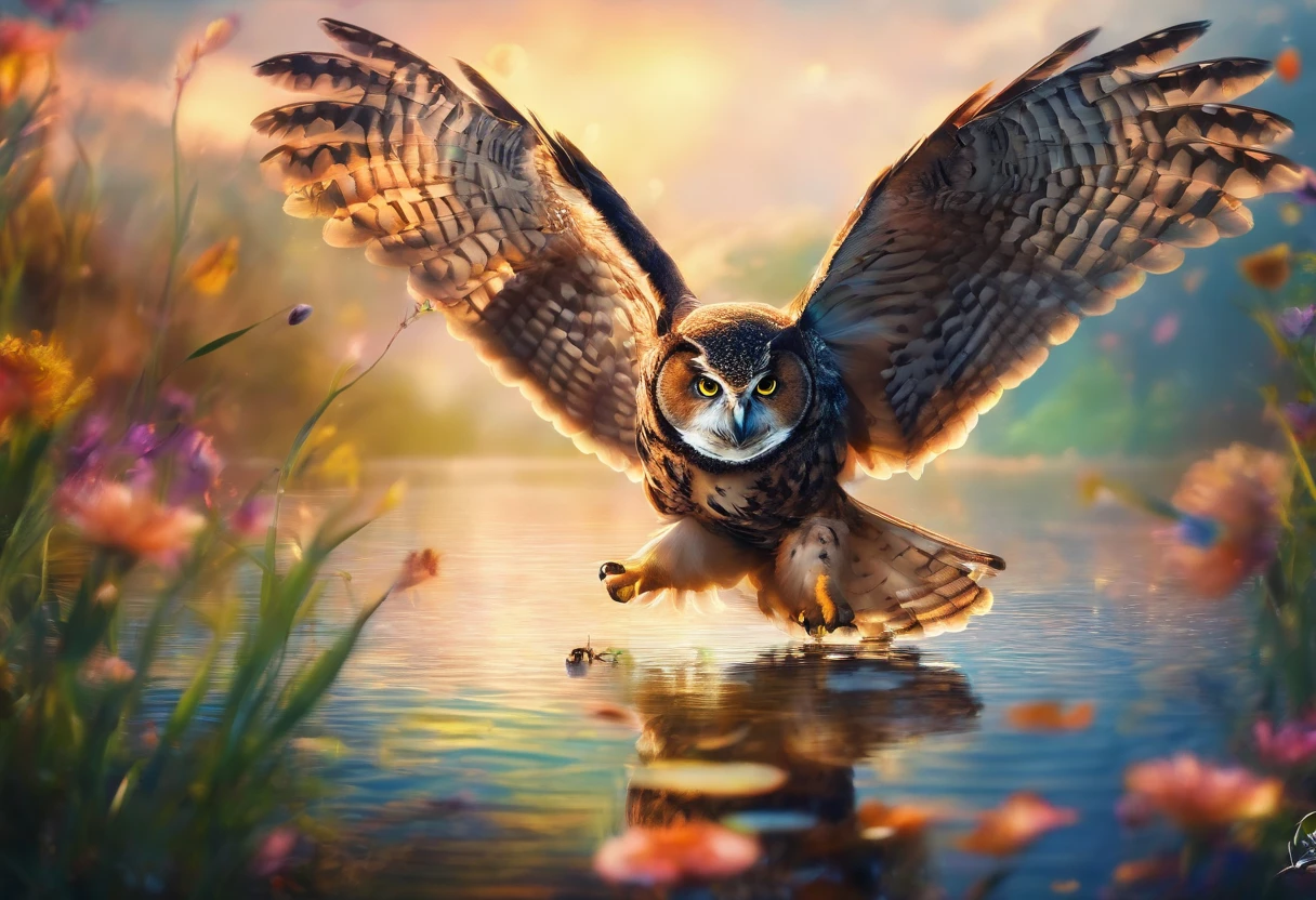 The owl flies over the water with a mouse,inverted image,Sharp focus,Bokeh,depth of fields,Works of masters,super-fine,Hyper-realistic,8k,Best Picture Quality,Detailed description