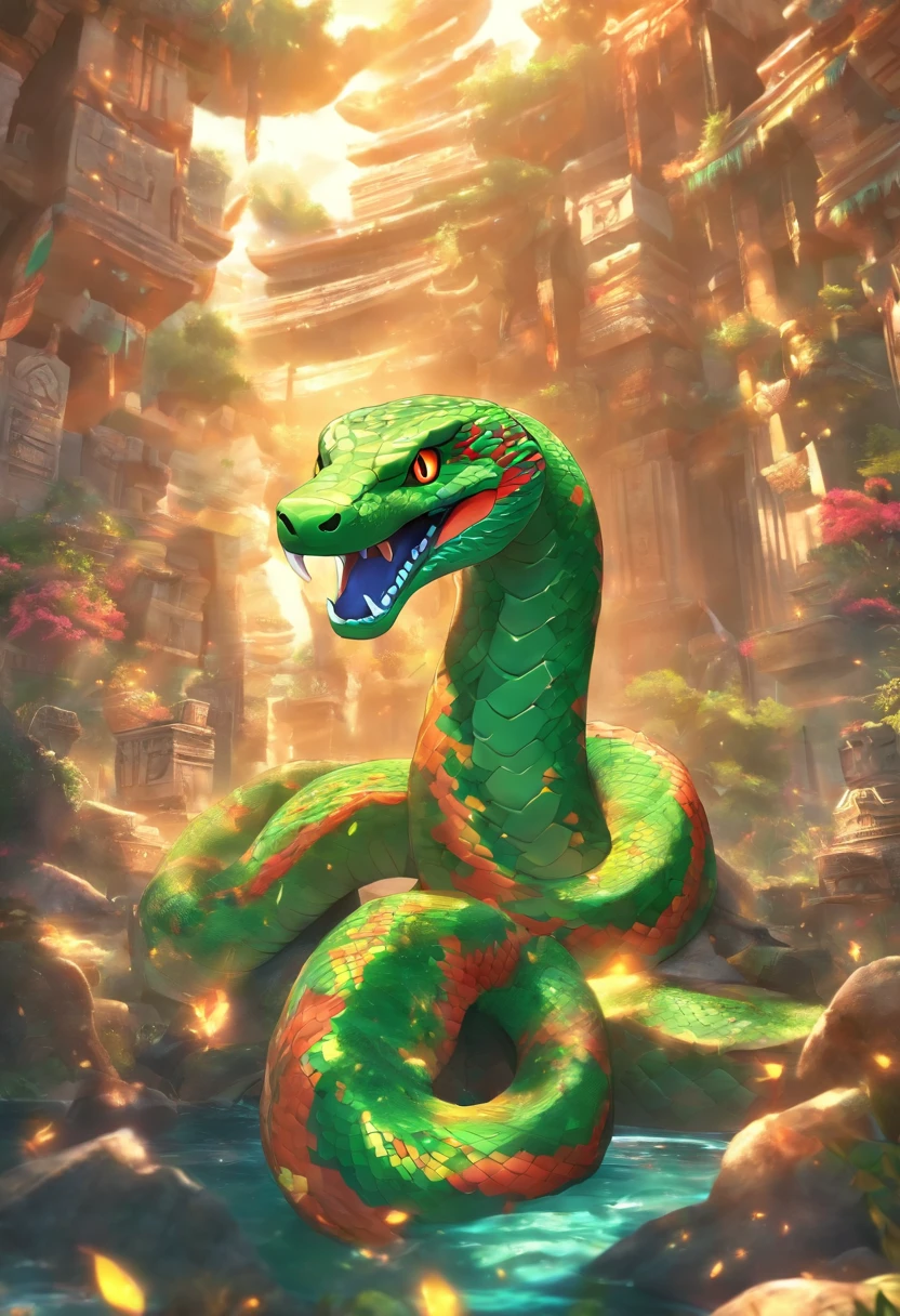 (((serpiente emplumada)))La mejor calidad, Ultra-high resolution, CG detallado 4K, Obra maestra, kukulcan, Dios maya, serpiente, plumaje, Vestimenta maya, Mayan Mythology, desierto, luz del sol, ((plumas coloridas)) mexico, esthetic, hermosa imagen, centrado en la pantalla
