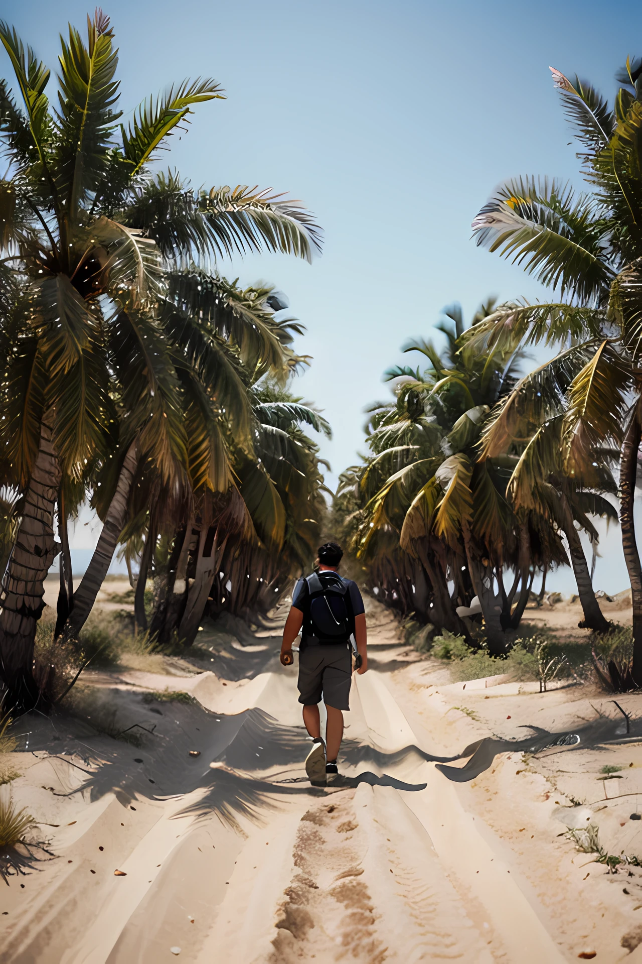 um homem, andando em uma ilha deserta, com muitos passaros voando, arvores ao redor