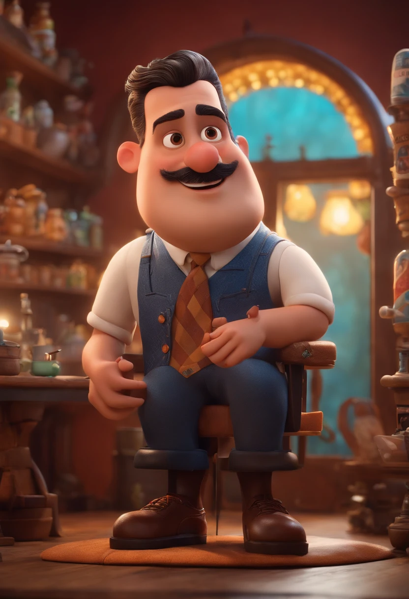 A Dream Barber Inspired by Pixar Animation, de perto. The character takes center stage with captivating facial expressions, oferecendo um toque de irrealidade, Cabelo curto e gordinho gradiente