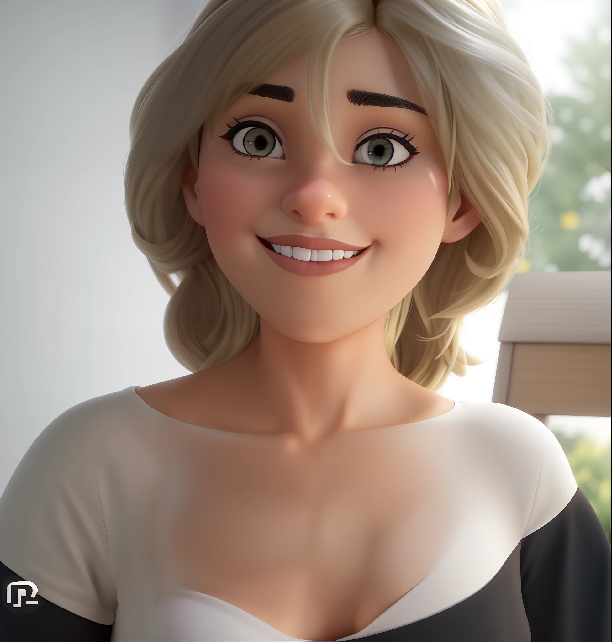There's a blonde woman in a black top and a black top, 3 5 year brazilian mother, fernanda suarez, 3 0 anos mulher, Pixar Disney 3D