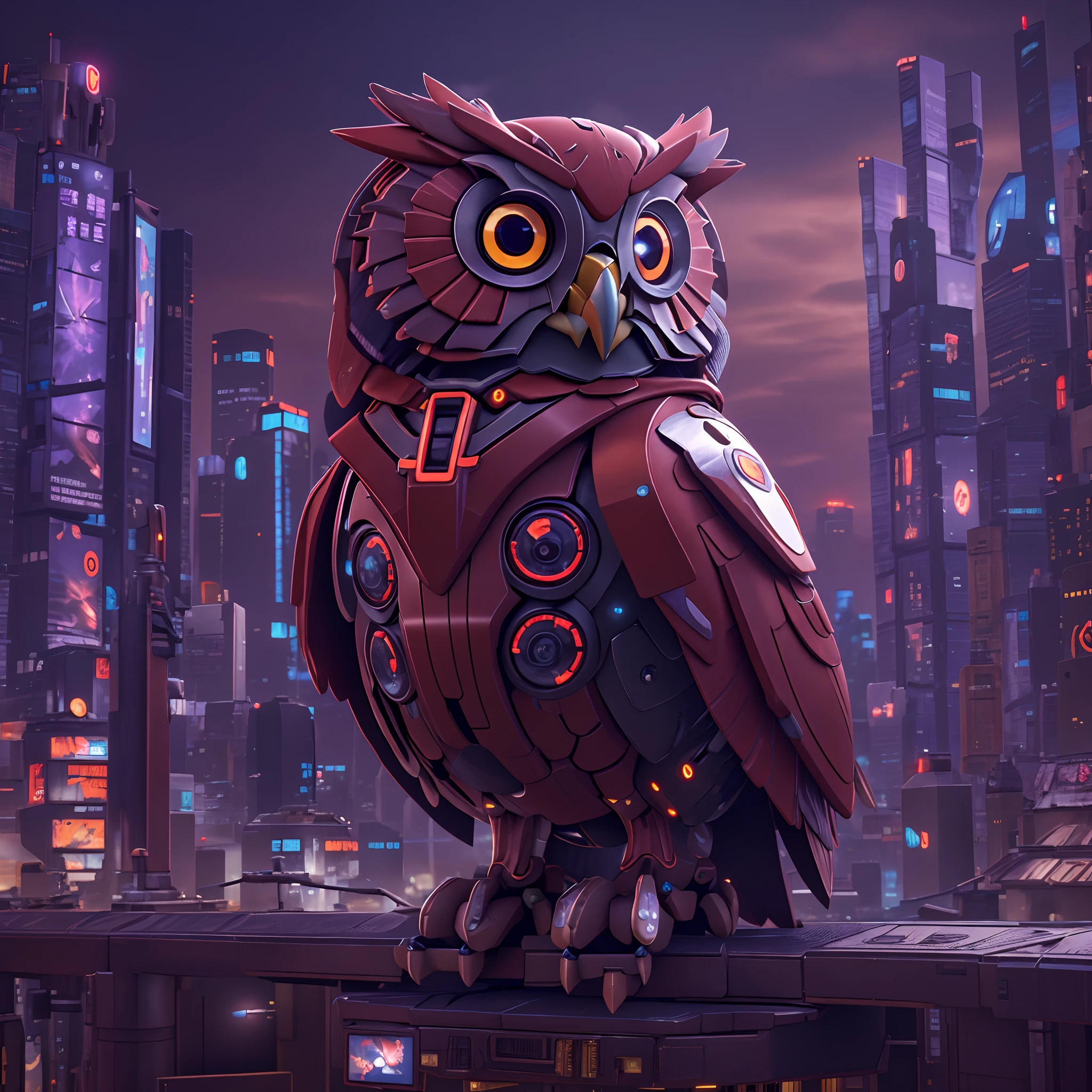 Dark red tones，In the world of the future，A cyberpunk-style owl soars through the city's skies。Its body is made up of various high-tech elements，Such as LED lights、metal gears、Electronic circuits and mechanical joints。The owl's eyes sparkled mysteriously，As if you can see through everything。

This owl is not just a machine，He is also an edge walker。It lives on the edge of the city，Observing the lives of human beings，Looking for possible dangers。Its presence，Make the city's residents feel safe and comfortable。

Sin embargo，This owl is no ordinary machine。It has a consciousness of its own，Ability to think and make decisions。its goals，is to protect the city，Protect the world。

This owl，Like a futuristic guardian，With its wisdom and strength，Guarding our future。Its presence，Let us be full of hope and anticipation for the future。This is the story of the futuristic owl，One about courage、A story of wisdom and hope。