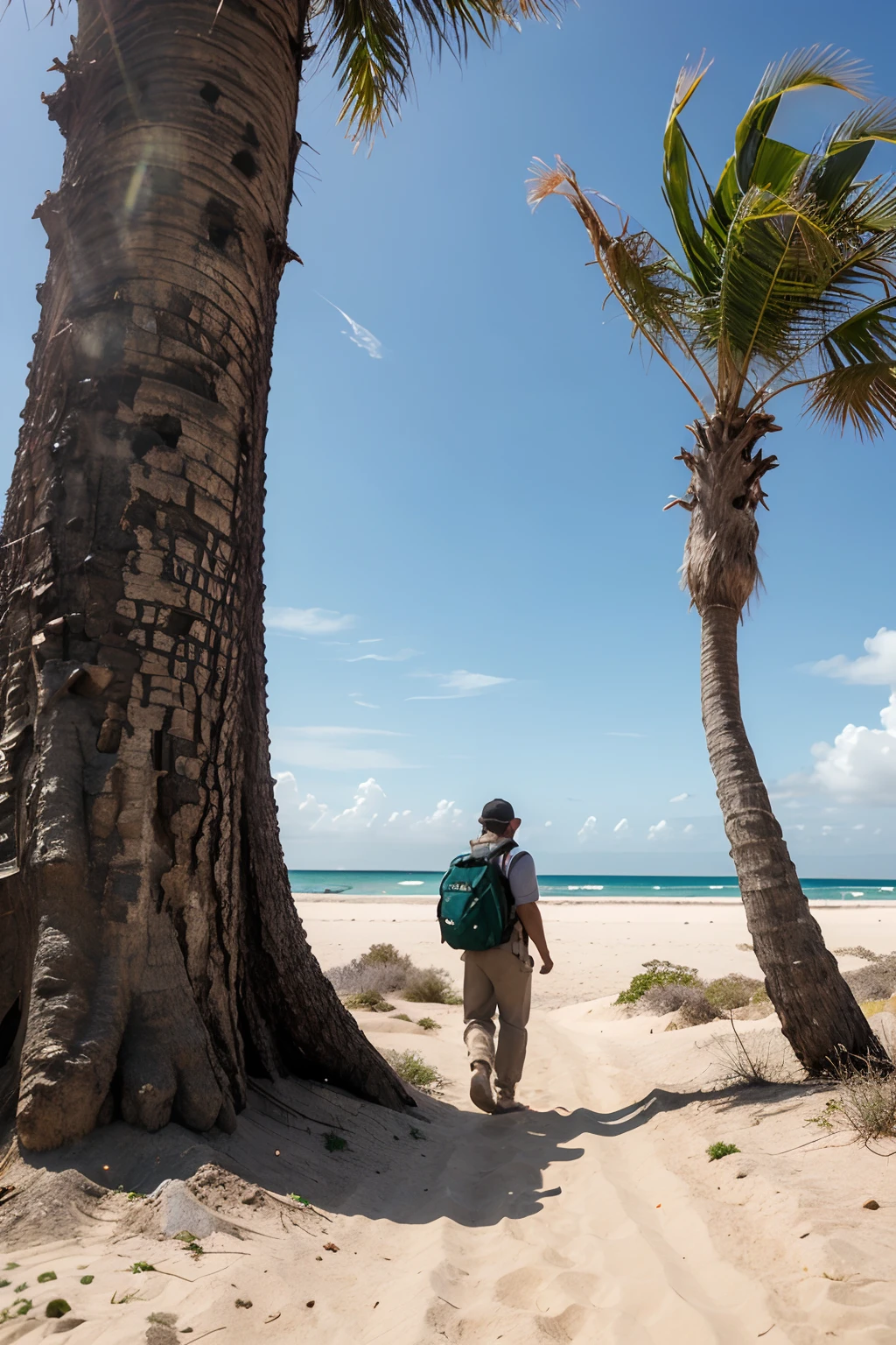 um homem, andando em uma ilha deserta, com muitos passaros voando, arvores ao redor