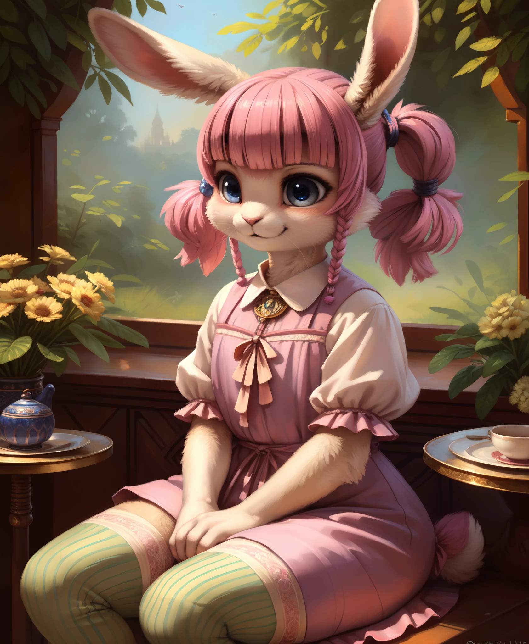 by kenket, by totesfleisch8, (by thebigslick, by silverfox5213:0.8), (by syuro:0.2), (by qupostuv35:1.2), (hi res), ((masterpiece)) , ((best quality)), (nice hands), 1910s clothing style,edwardian,art_nouveau,intricate,detailed,character portrait, rabbit, bunny, anthro, furry, kemono, body fur, detailed_fluffy_fur, ((white fur)), 1girl, flat_chested, pettanko, (((pink hair, ponytails, twintails, bangs))),blue eyes,clockpunk,flowing dress,(pink dress, blue striped stockings),tea party,(short muzzle, furry rabbit nose), FurryCore