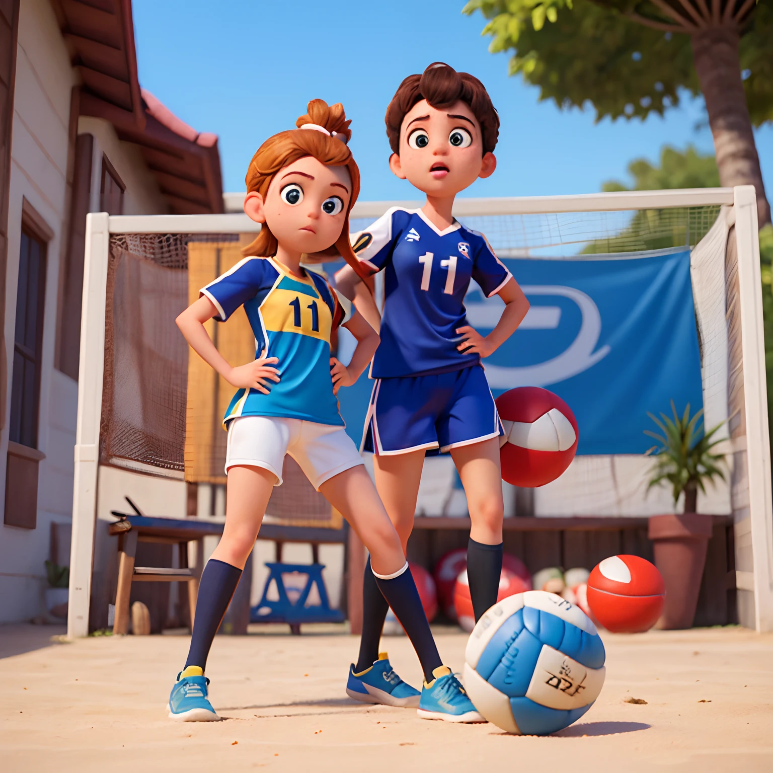 Menina 11 anos, jogadora volei, cabelos cacheados castanhos, olhos castanhos, alta, morena, equipamento azul, Jersey No. 11, bola azul e amarela, campo de voleibol. Disney pixar